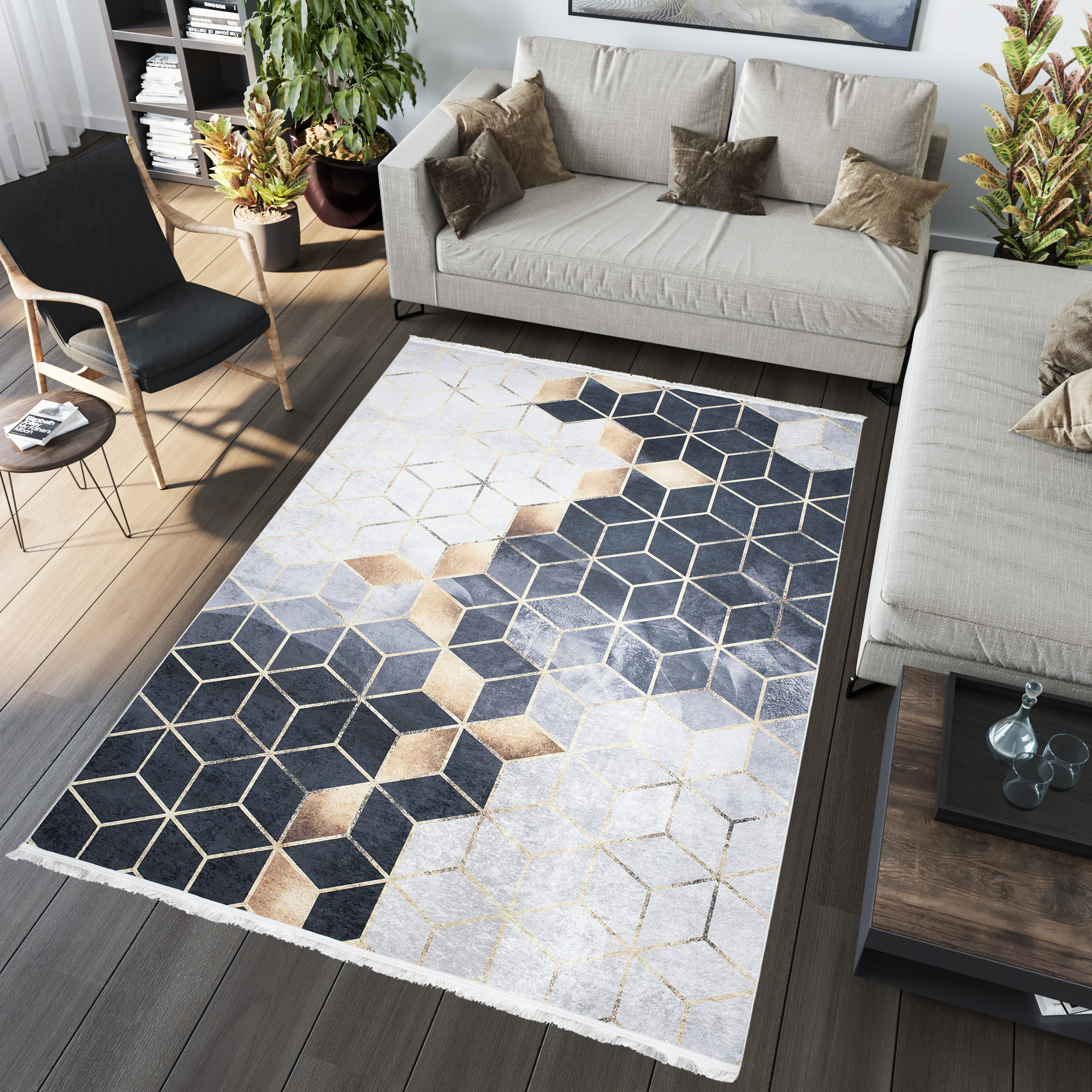 Alfombra Toscana con Flecos Gris Dorado Cubos