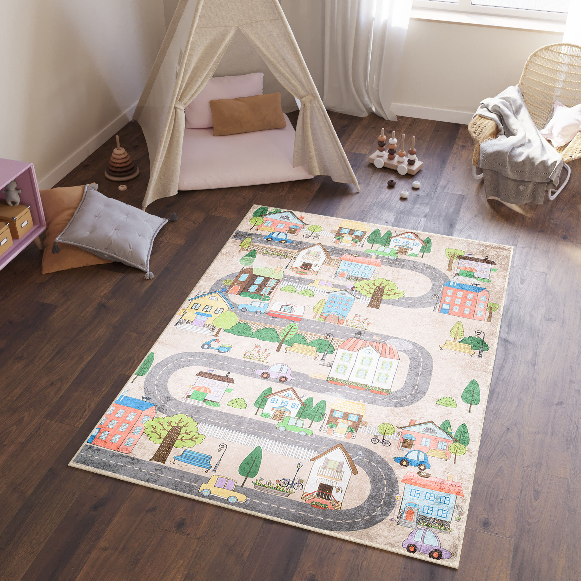 Alfombra Infantil Emma Crema Ciudad Pastel