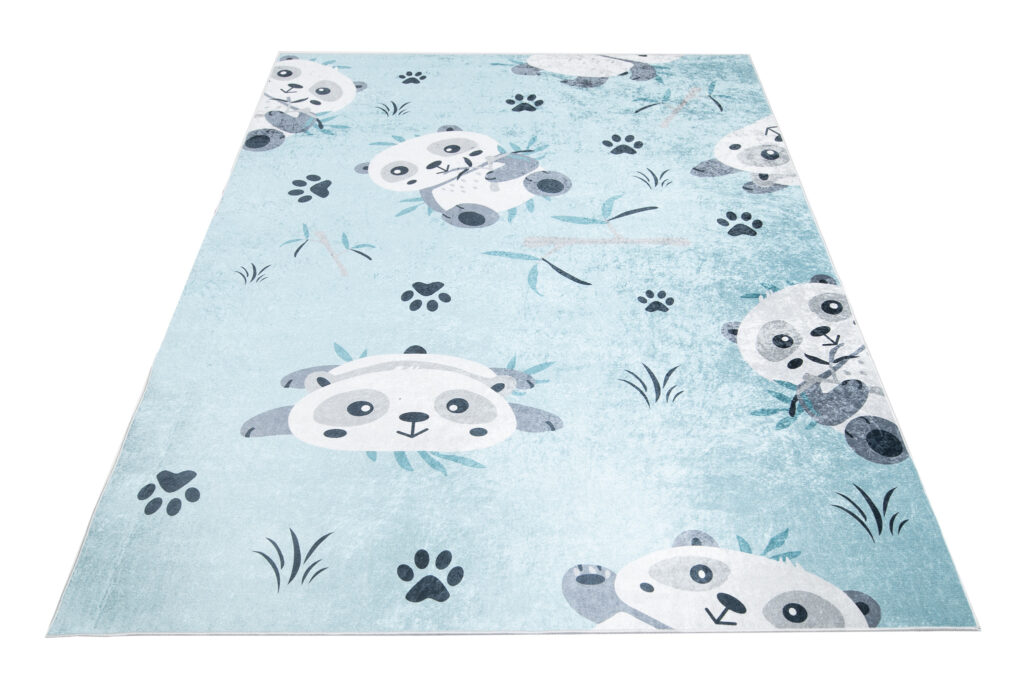 Alfombra Infantil Emma Lavable Antideslizante Azul Gris Pandas