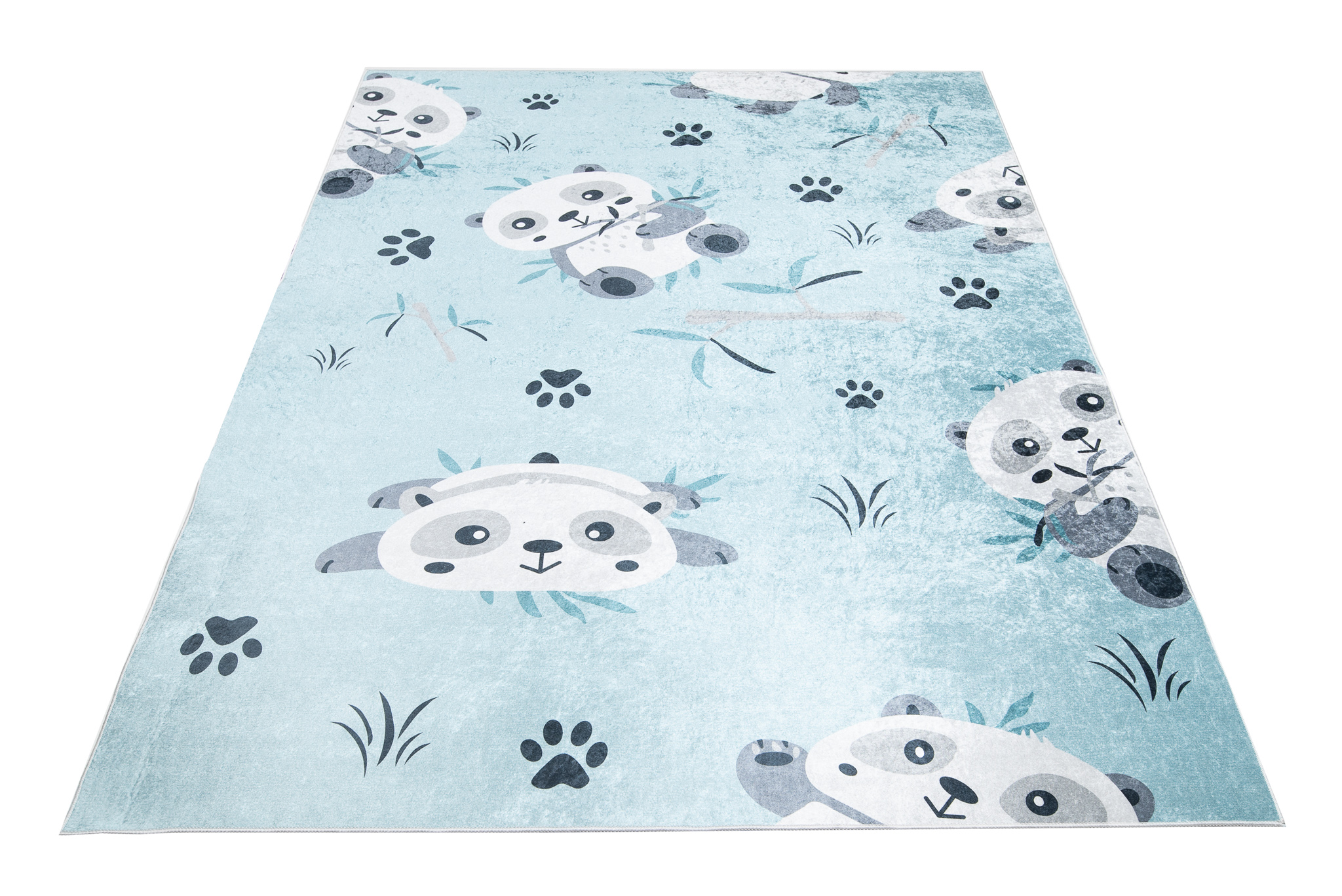 Alfombra Infantil Emma Lavable Antideslizante Azul Gris Pandas