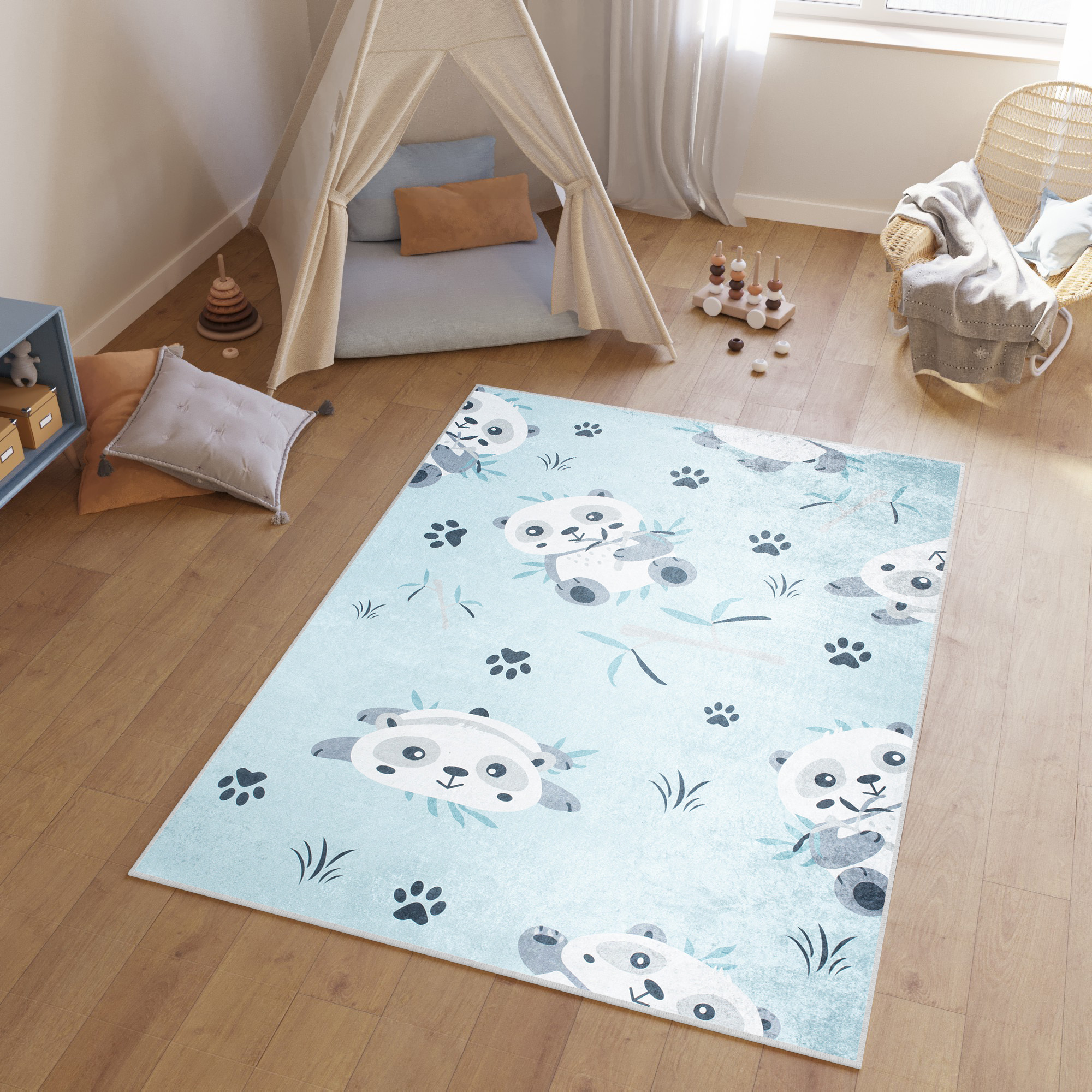 Alfombra Infantil Emma Lavable Antideslizante Azul Gris Pandas