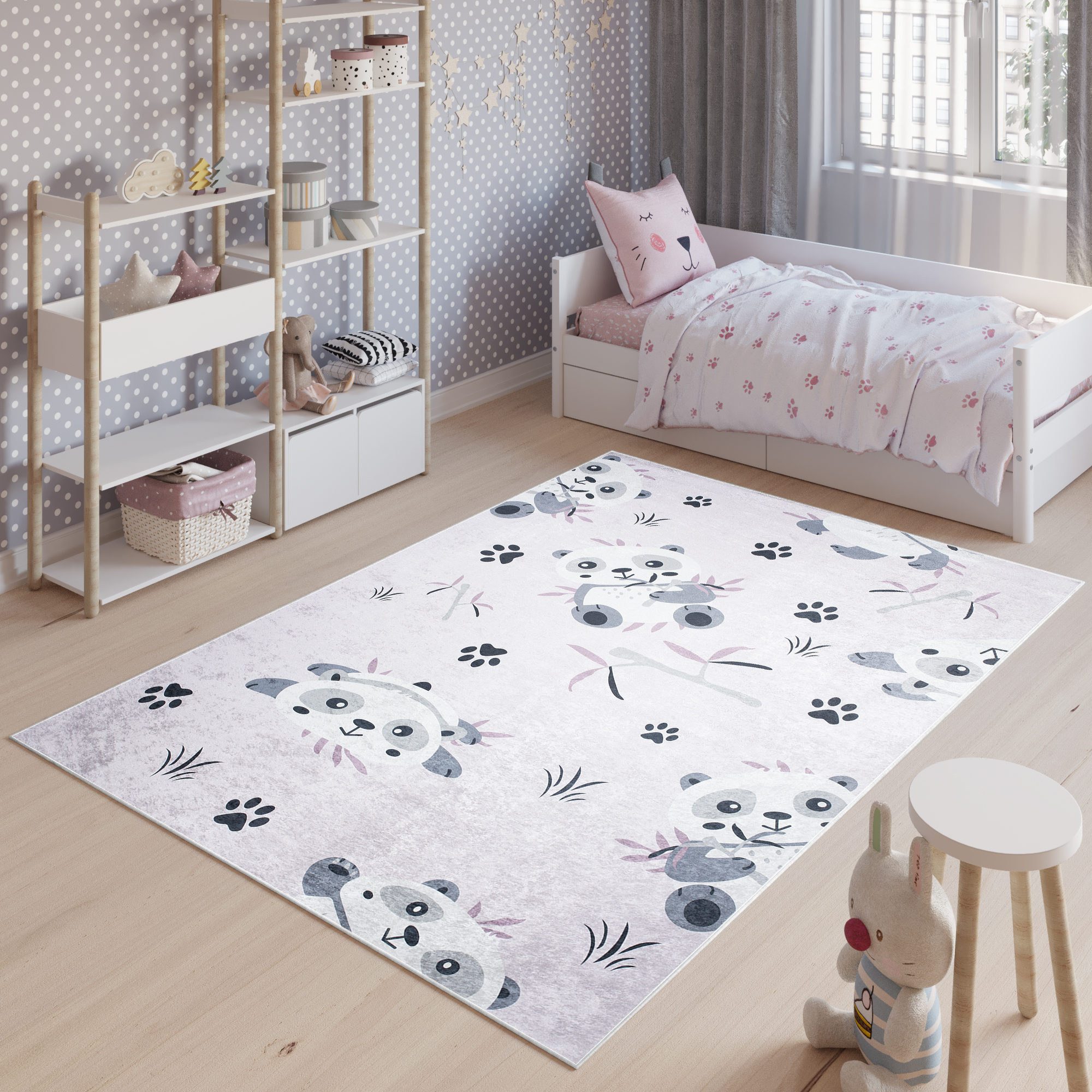Alfombra Infantil Emma Lavable Antideslizante Rosa Gris Pandas