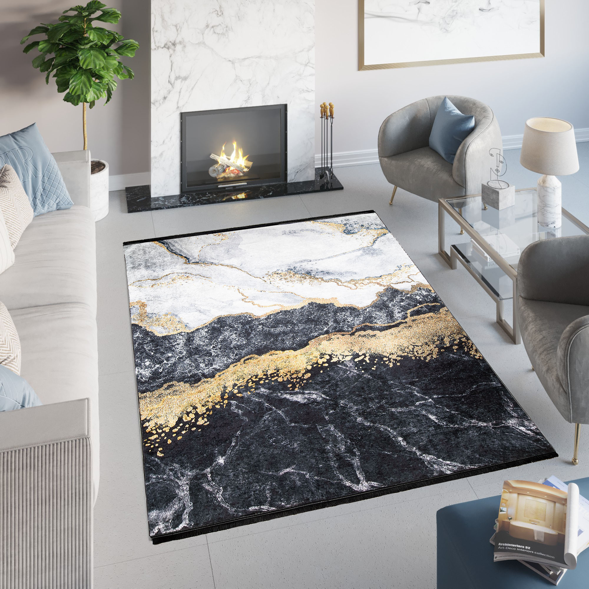 Alfombra Toscana con Flecos Gris Dorado Glamour