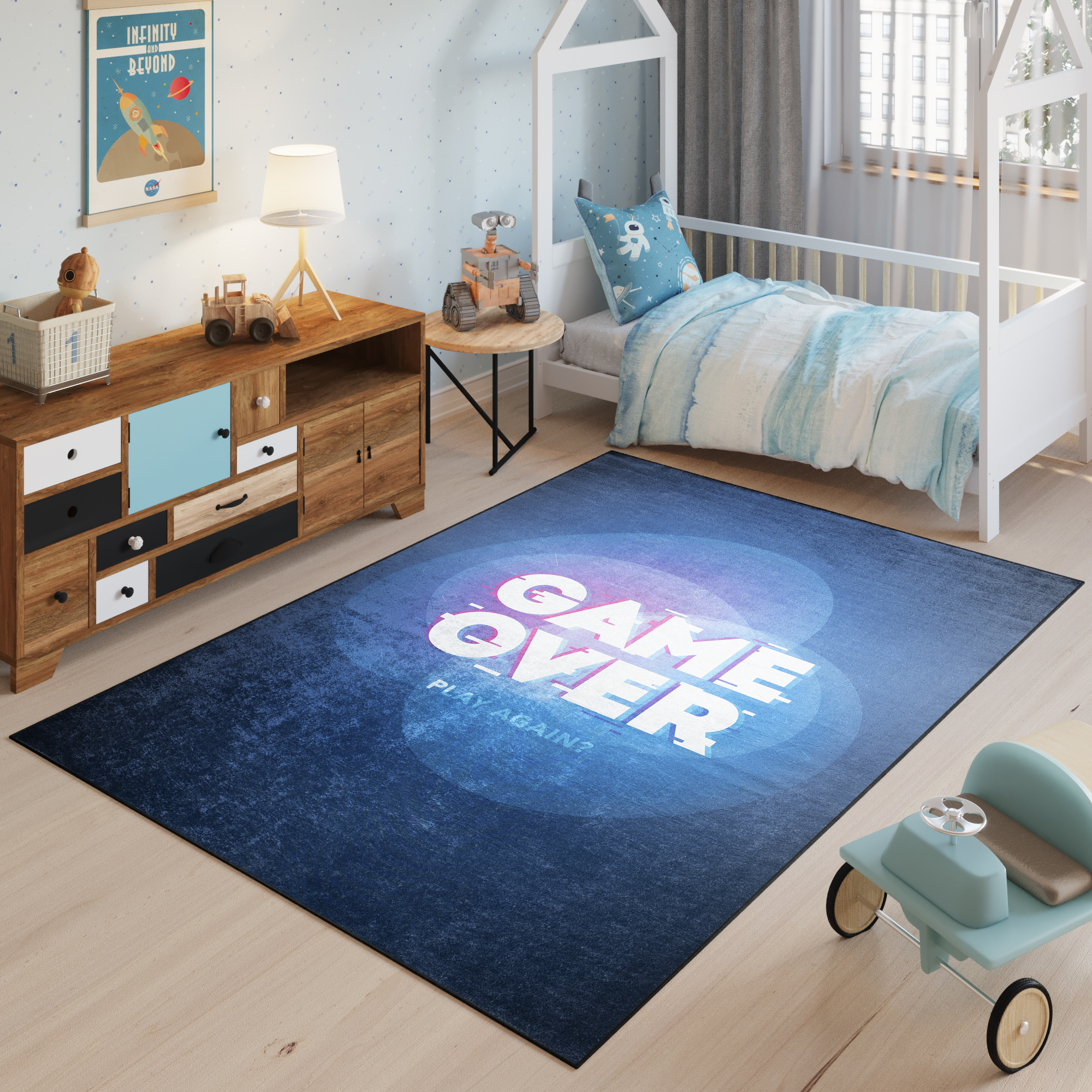 Alfombra Infantil Emma Lavable Antideslizante Azul Marino Game Over