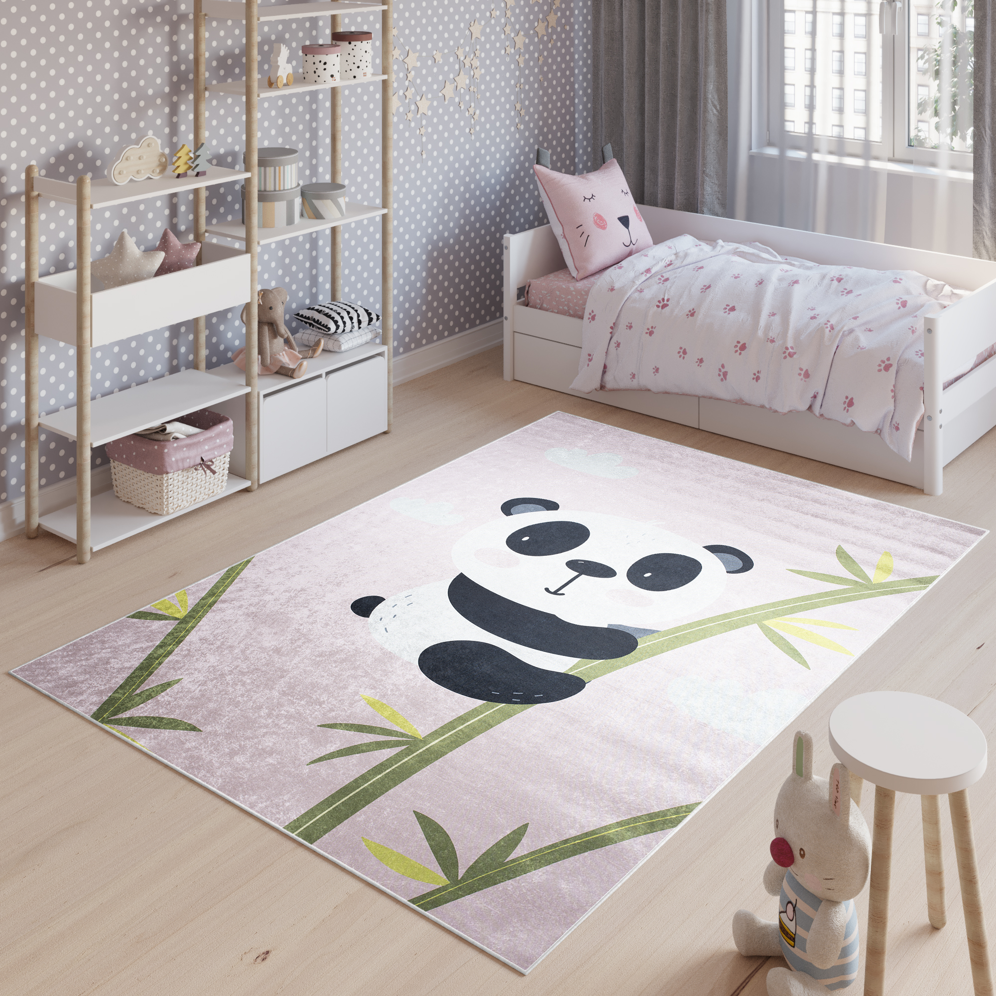 Alfombra Infantil Emma Lavable Antideslizante Rosa Panda Bambú