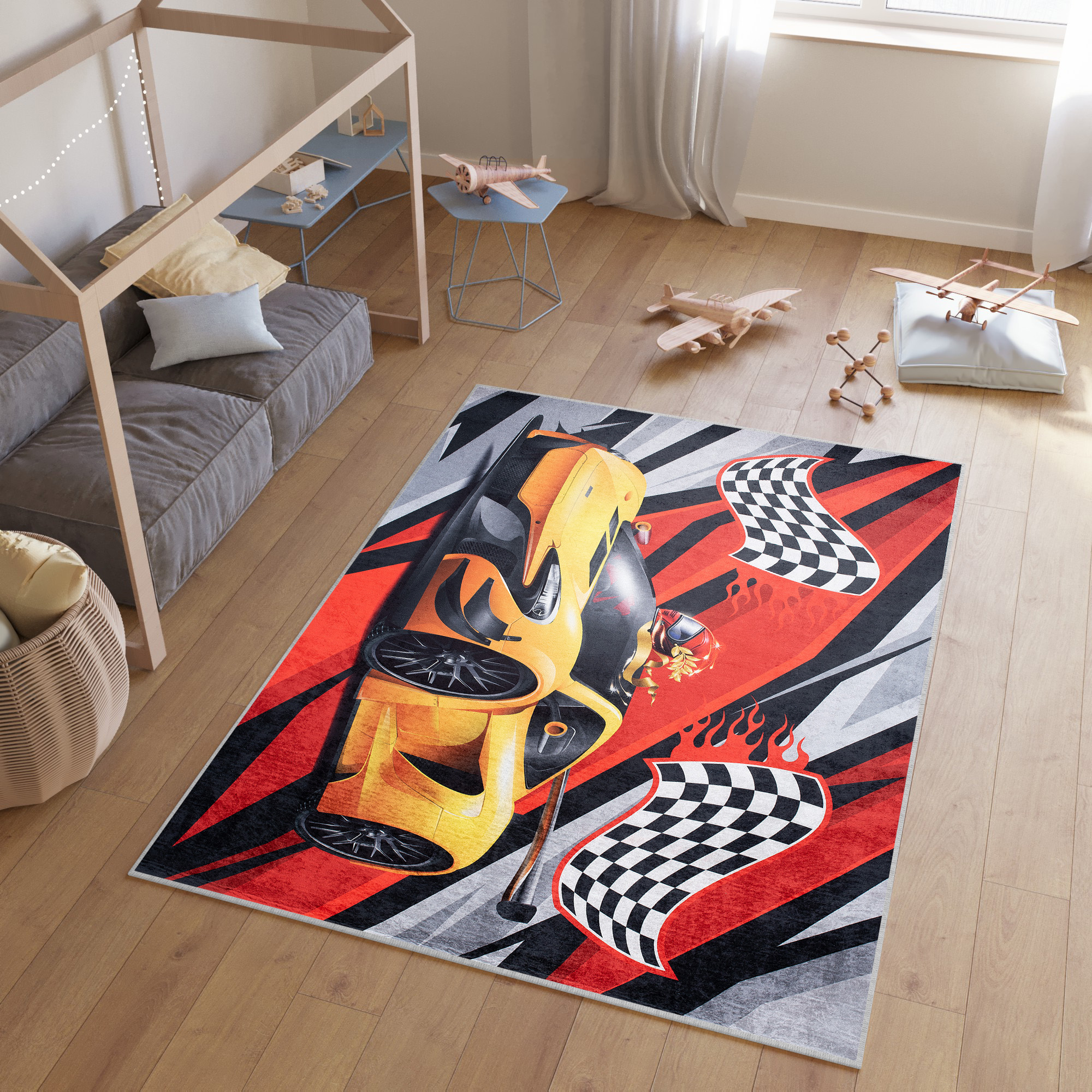 Alfombra Infantil Emma Negro Rojo Carreras Antideslizante