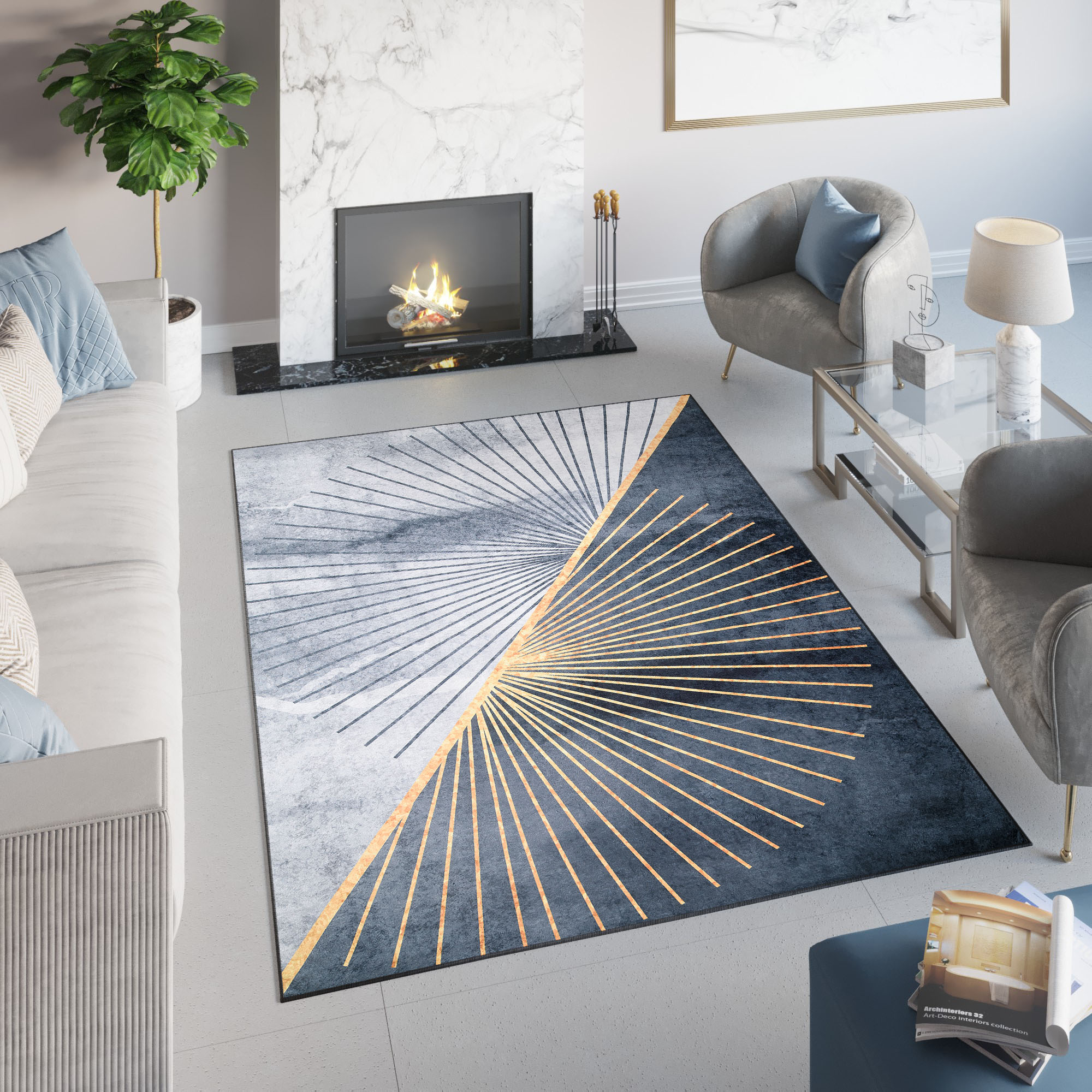 Alfombra Toscana Gris Rayos Dorados Antideslizante