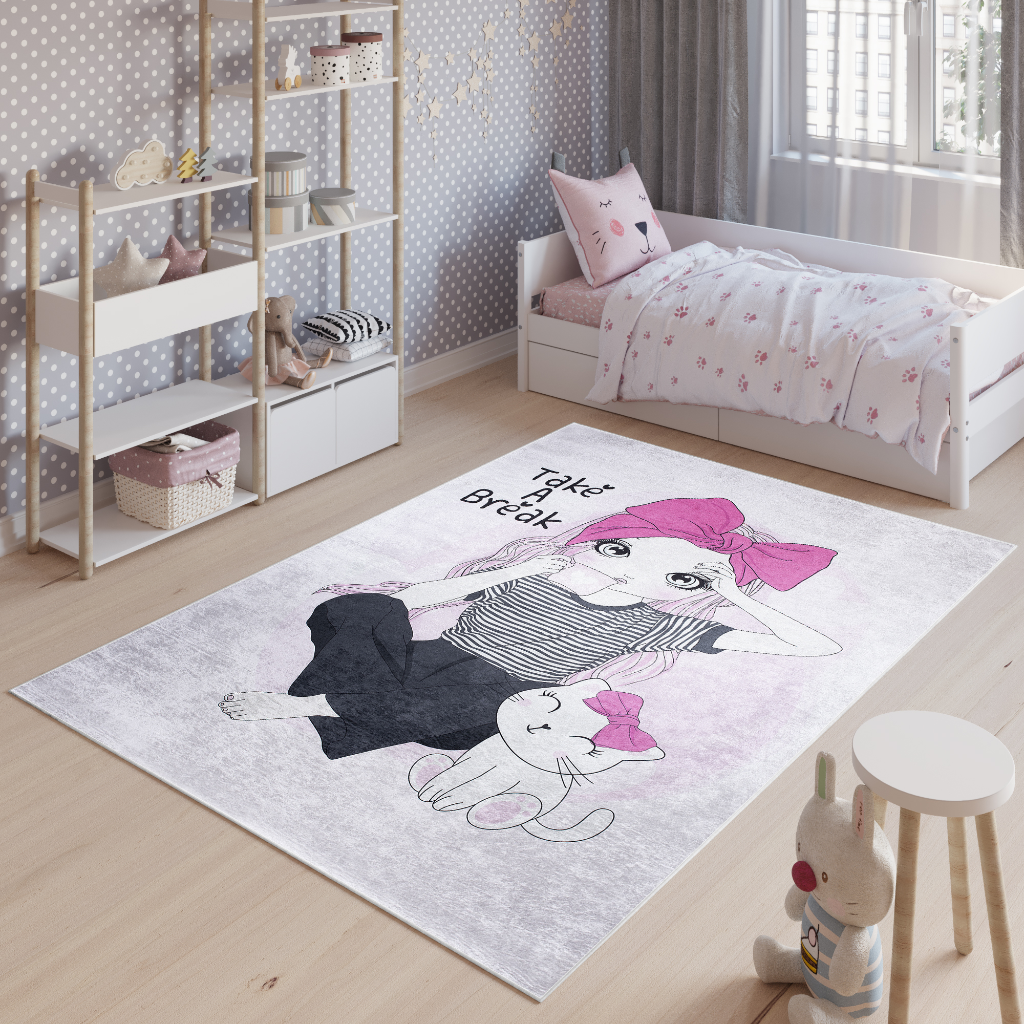 Alfombra Infantil Emma Rosa Gris Niña Gato Antideslizante