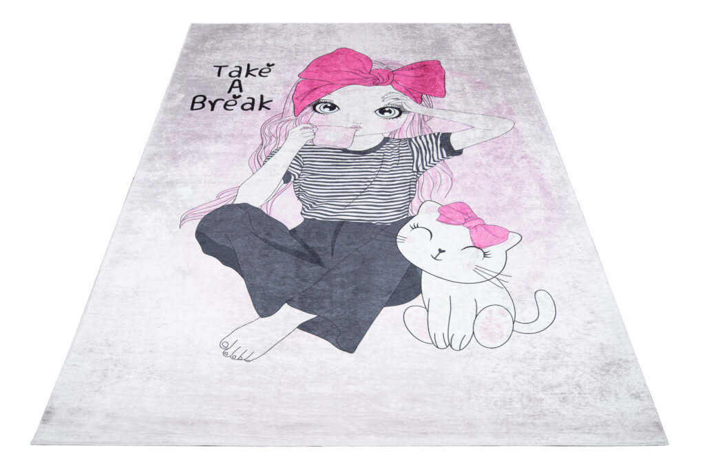 Alfombra Infantil Emma Rosa Gris Niña Gato Antideslizante