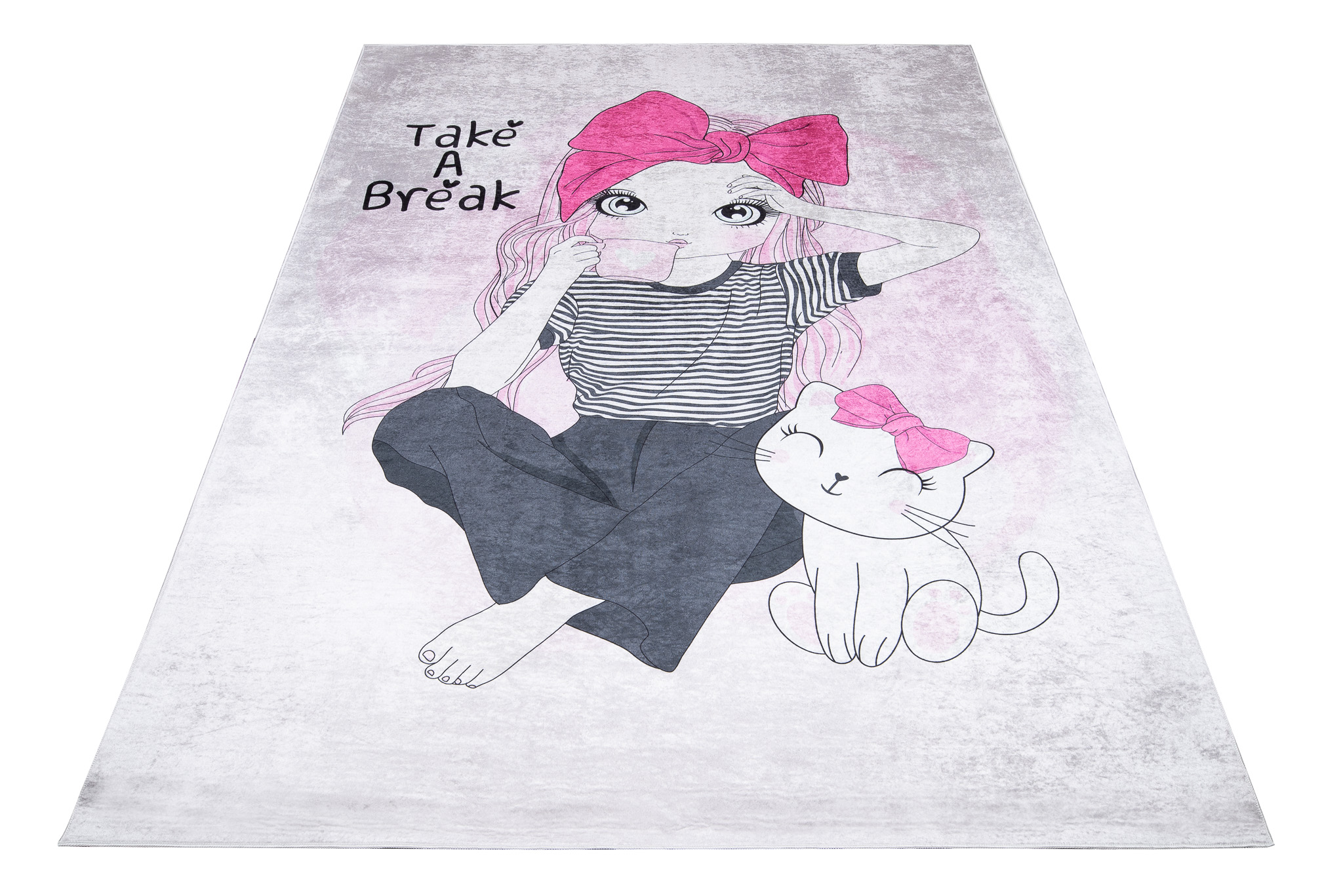 Alfombra Infantil Emma Rosa Gris Niña Gato Antideslizante
