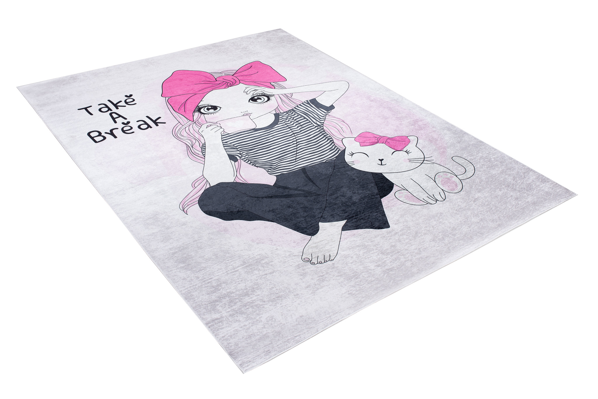 Alfombra Infantil Emma Rosa Gris Niña Gato Antideslizante