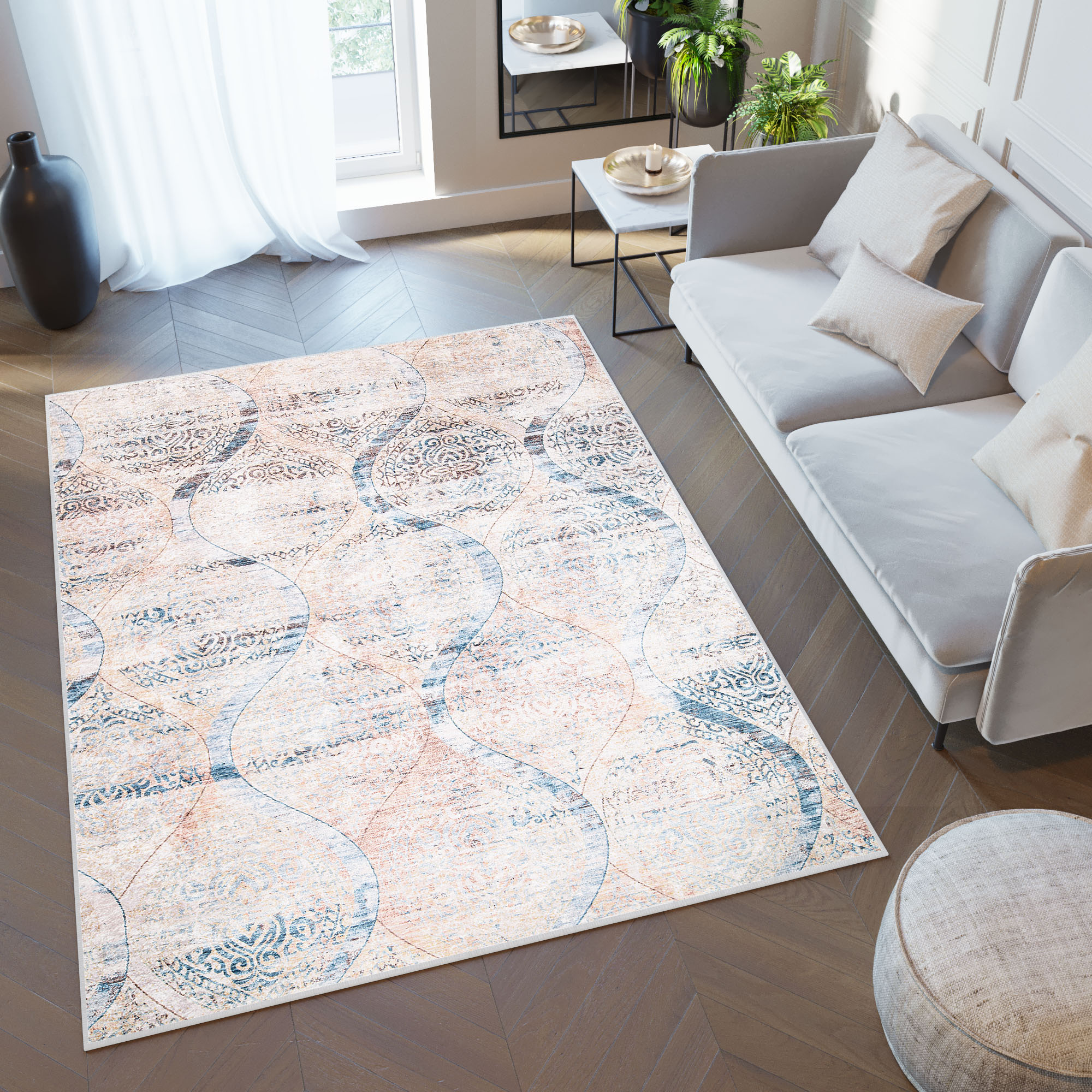 Alfombra Toscana Vintage Azul Beige Ornamentos