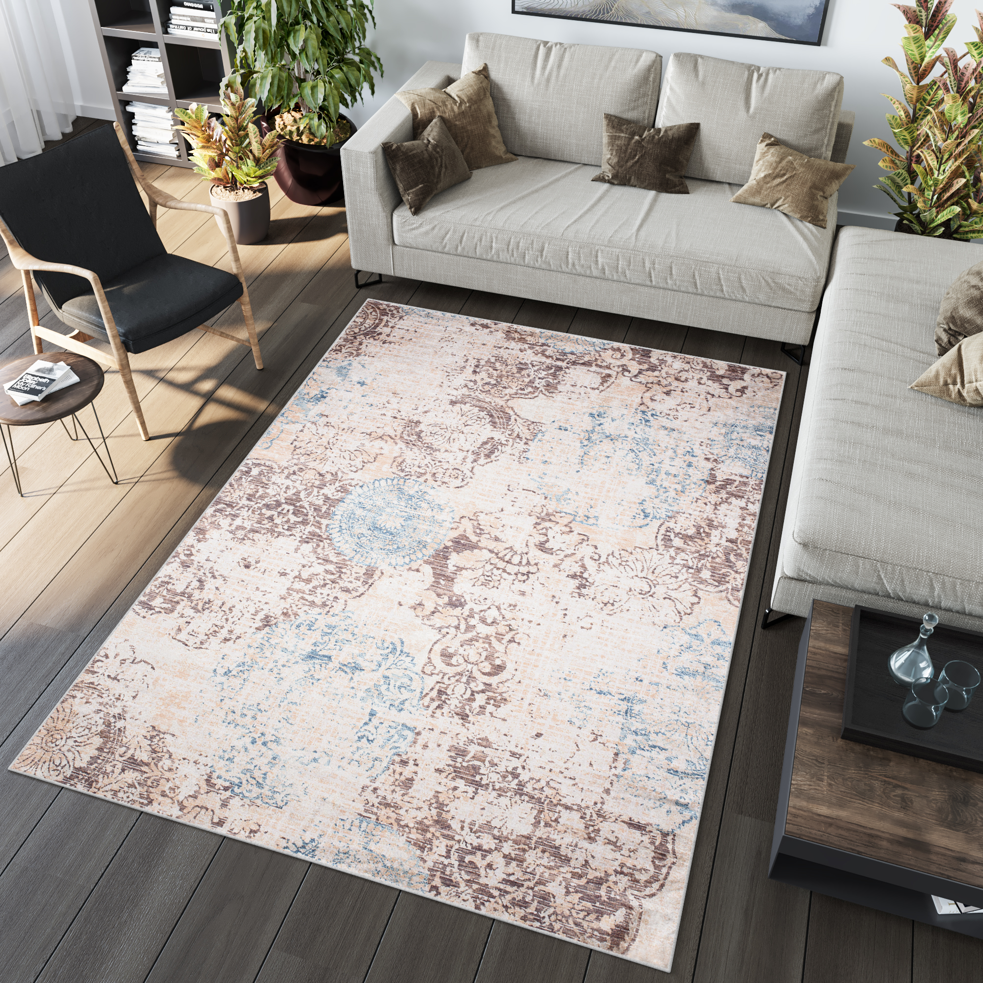 Alfombra Toscana Vintage Azul Beige Antideslizante