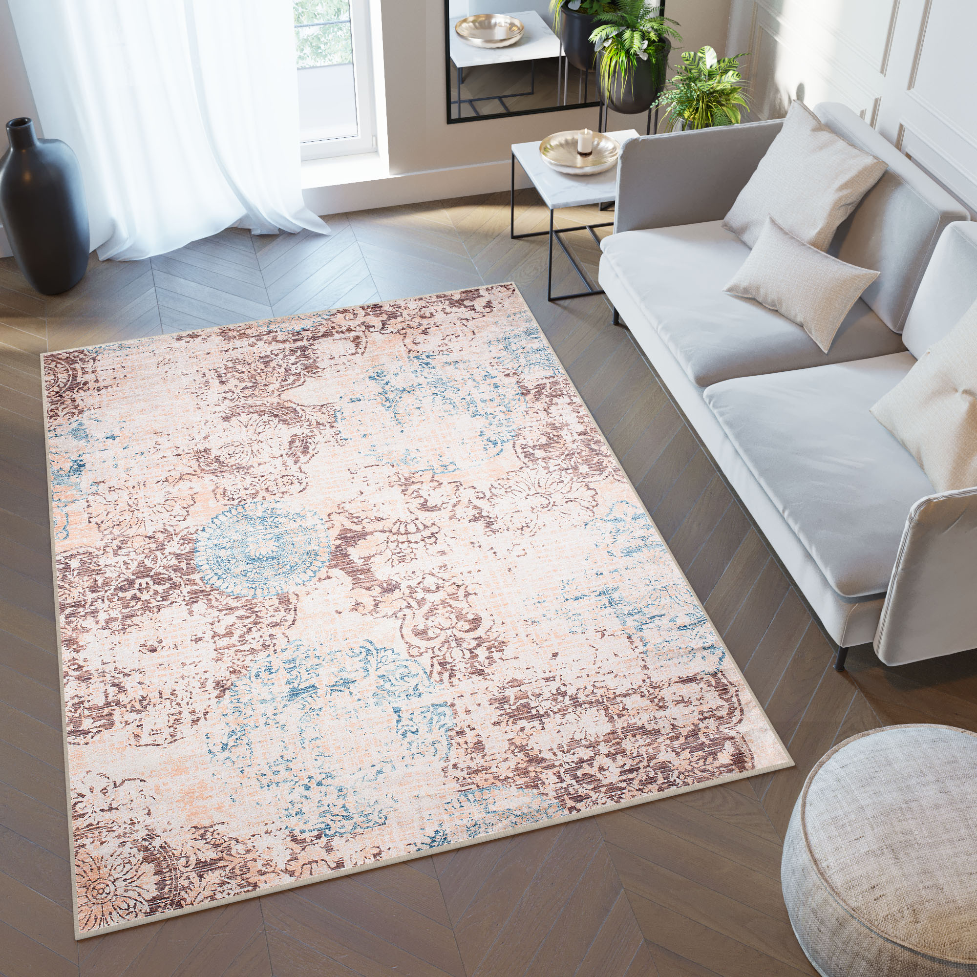 Alfombra Toscana Vintage Azul Beige Antideslizante
