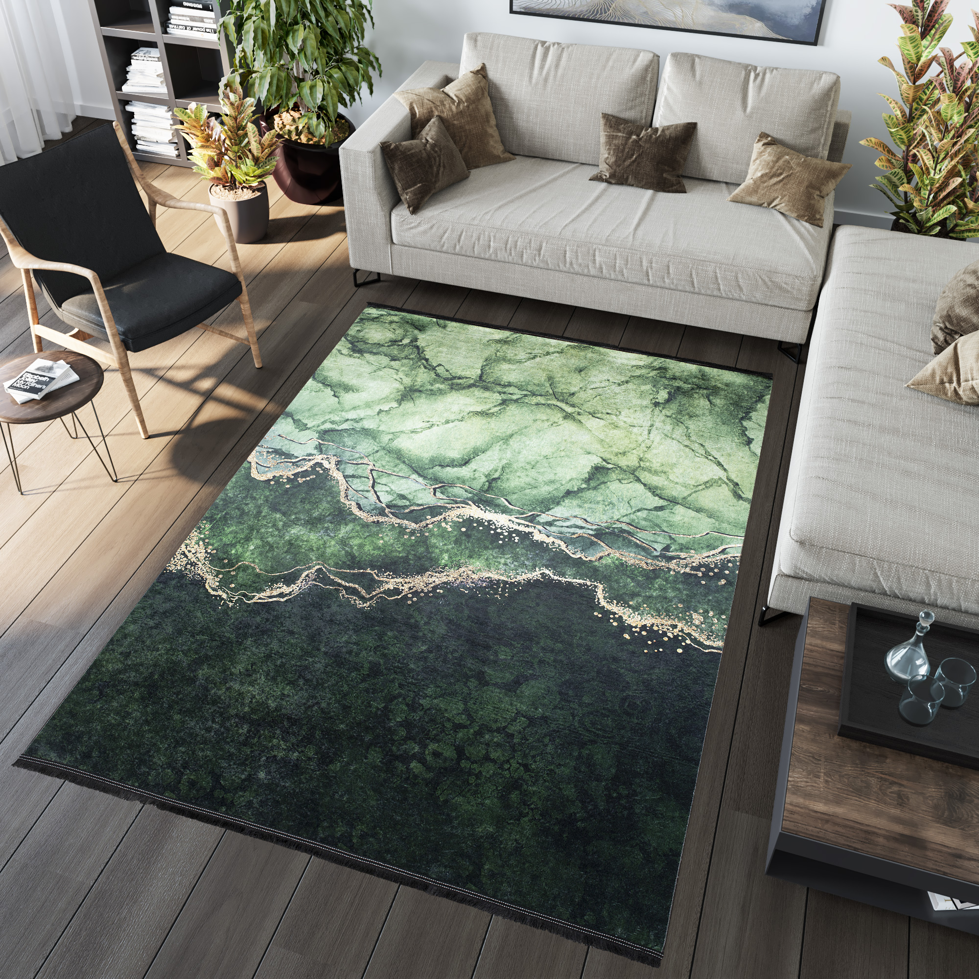 Alfombra Toscana con Flecos Verde Dorado