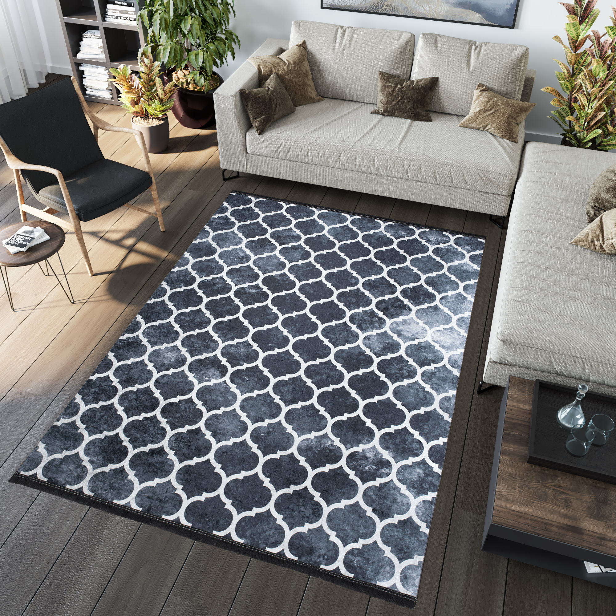 Alfombra Toscana con Flecos Azul Marino Trellis