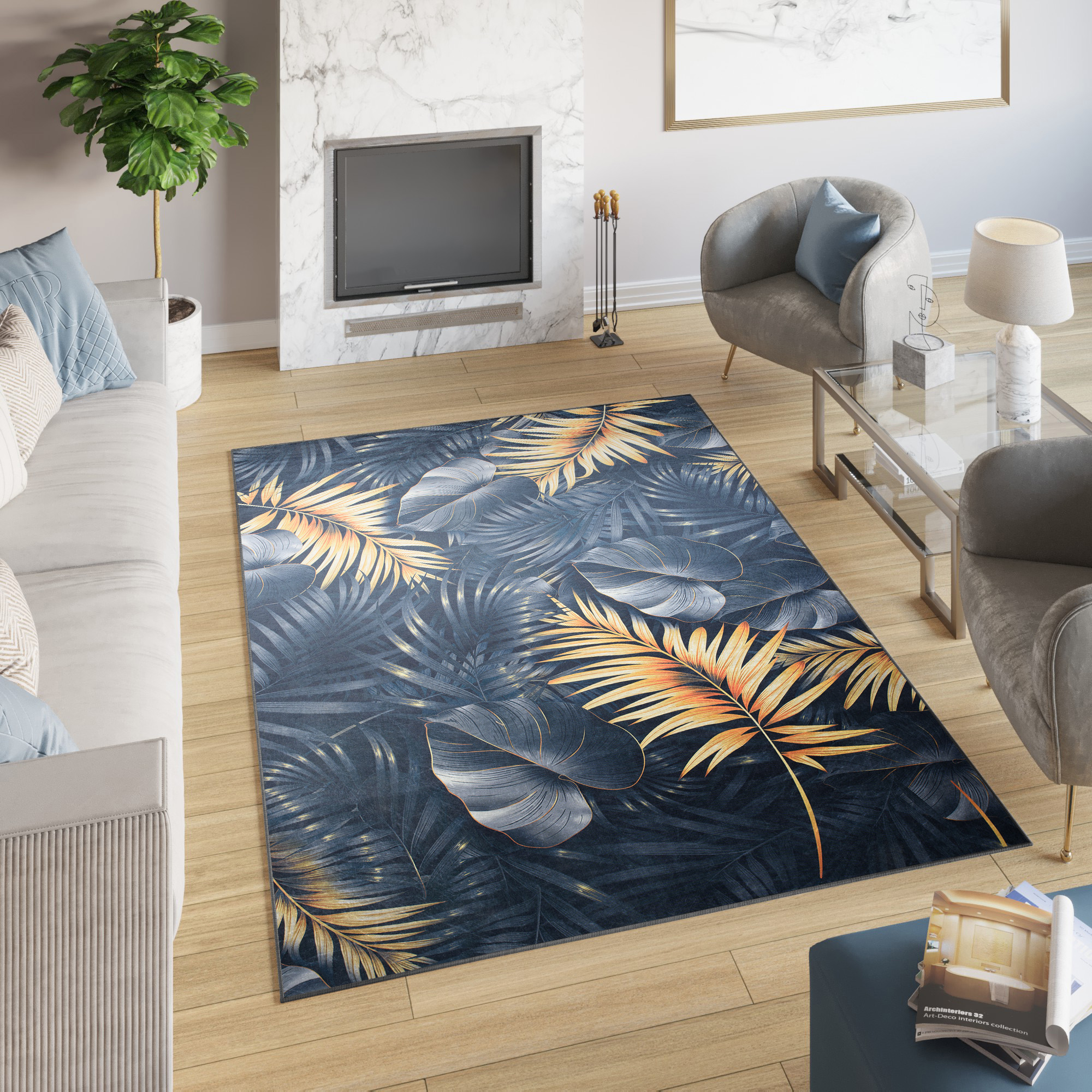 Alfombra Toscana Grafito Dorado Hojas
