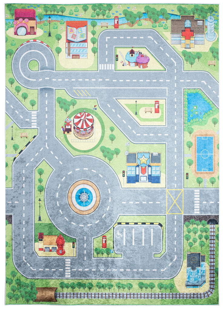 Alfombra Infantil Emma Lavable Antideslizante Verde Gris Carretera
