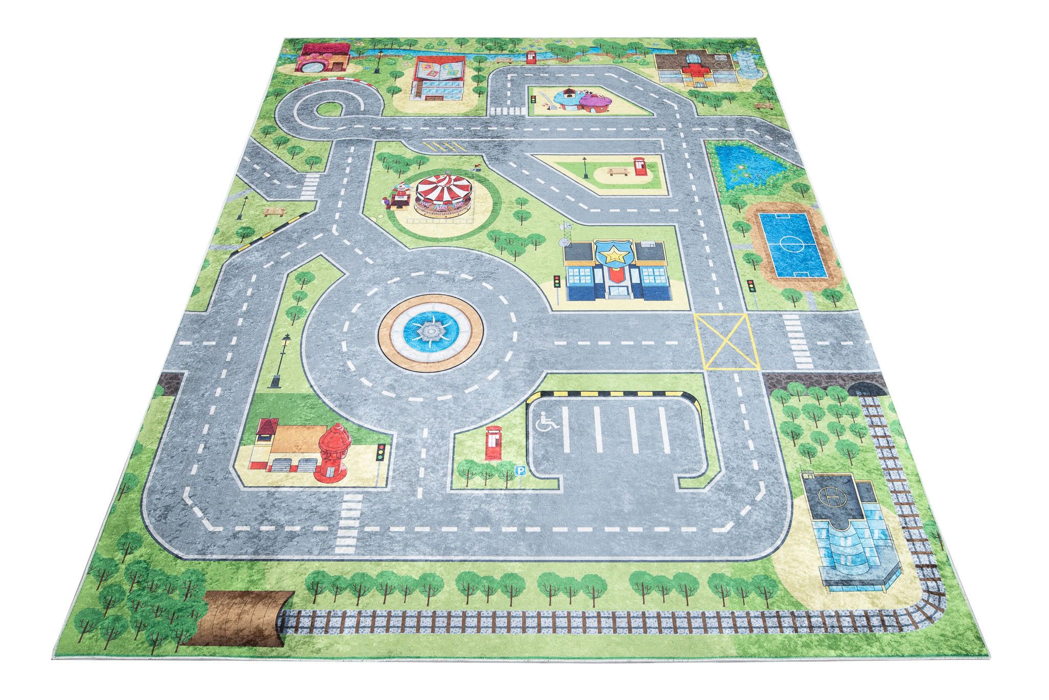 Alfombra Infantil Emma Lavable Antideslizante Verde Gris Carretera
