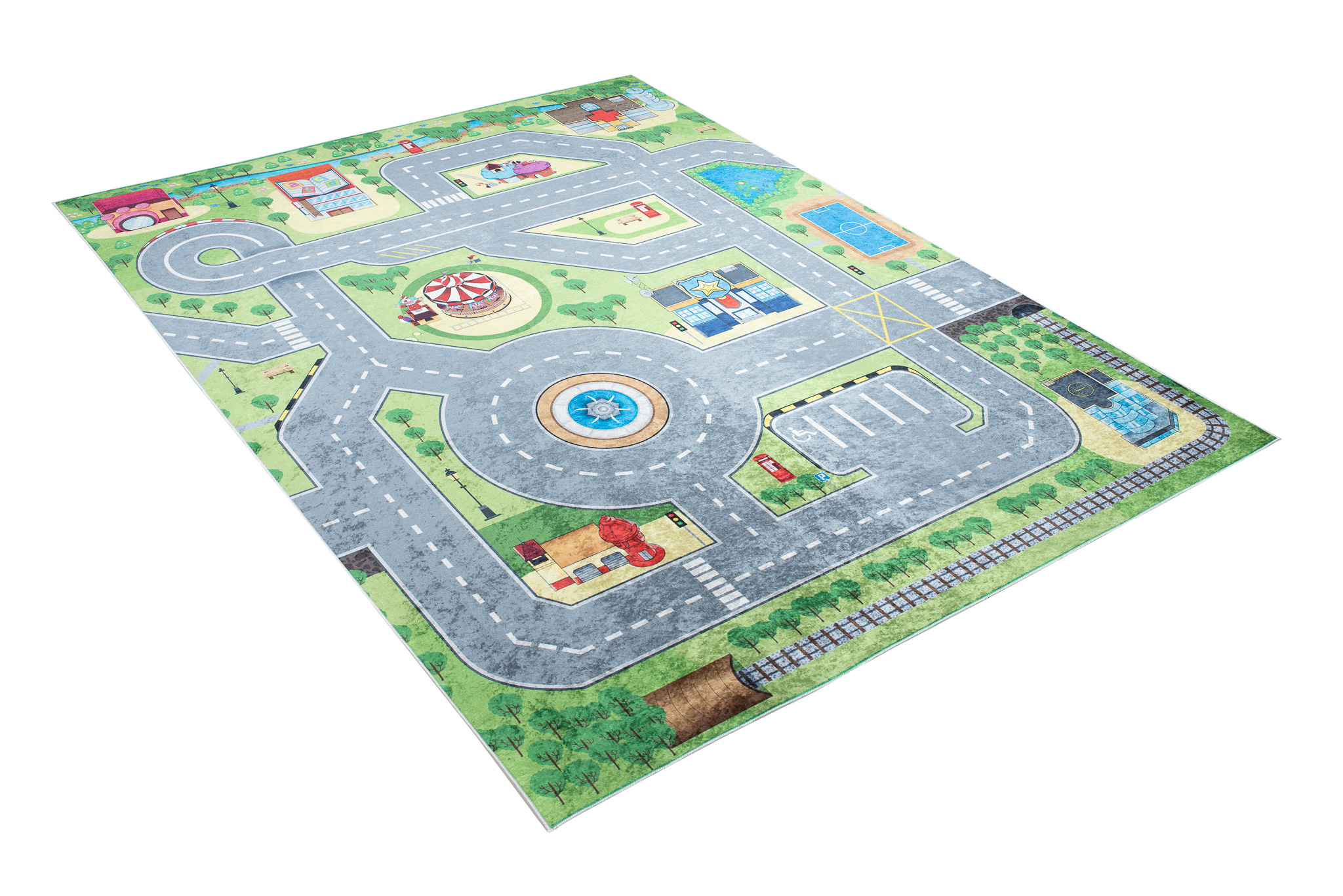 Alfombra Infantil Emma Lavable Antideslizante Verde Gris Carretera