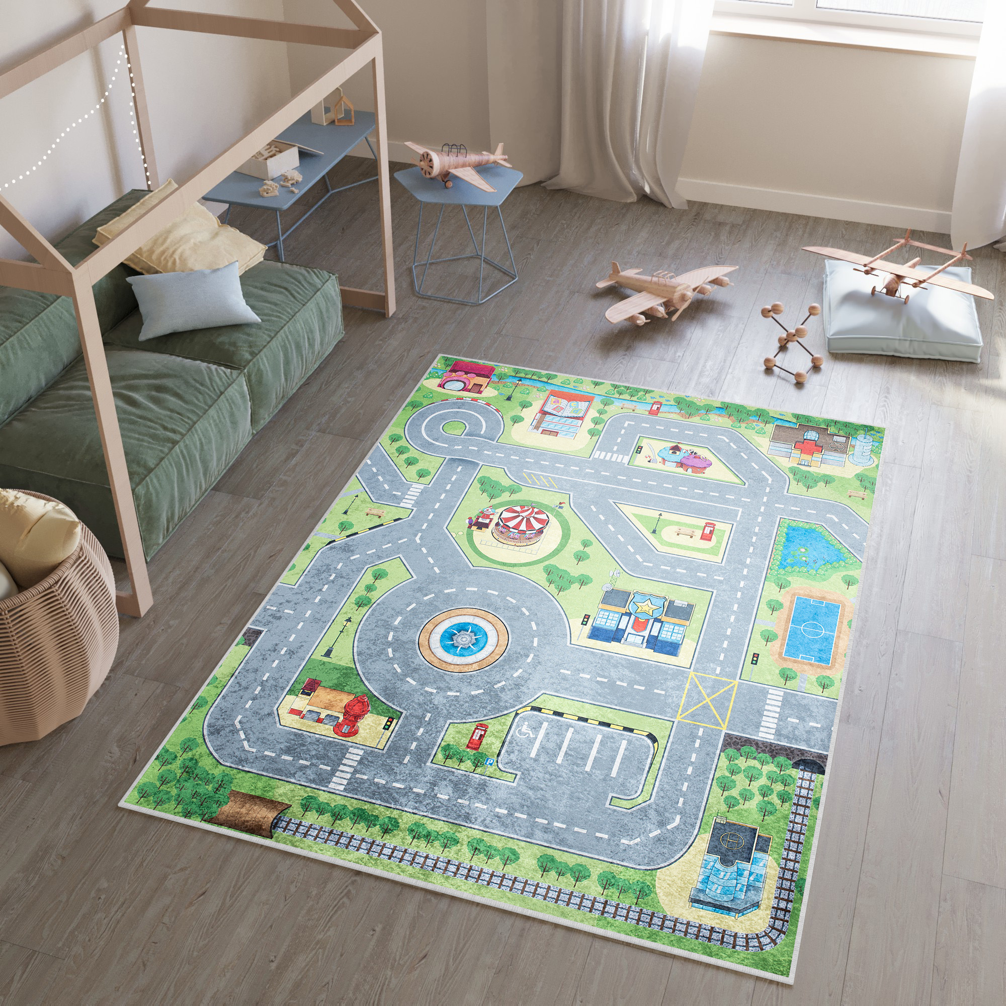 Alfombra Infantil Emma Lavable Antideslizante Verde Gris Carretera