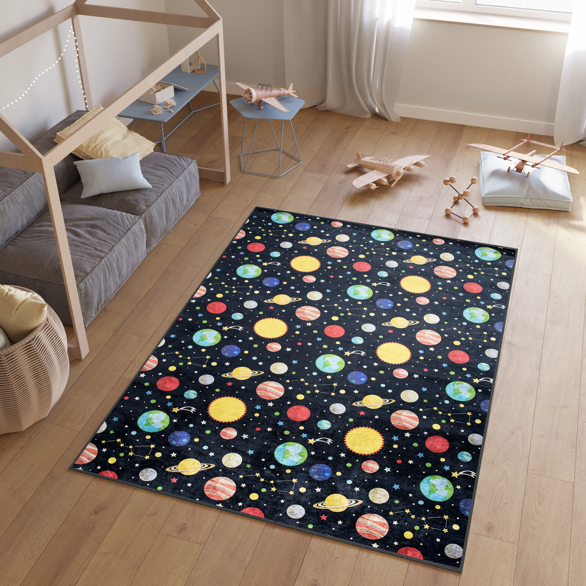 Alfombra Infantil Emma Oscura Espacio Planetas Antideslizante