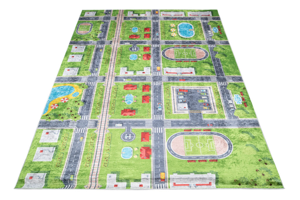Alfombra Infantil Emma Verde Gris Ciudad Antideslizante