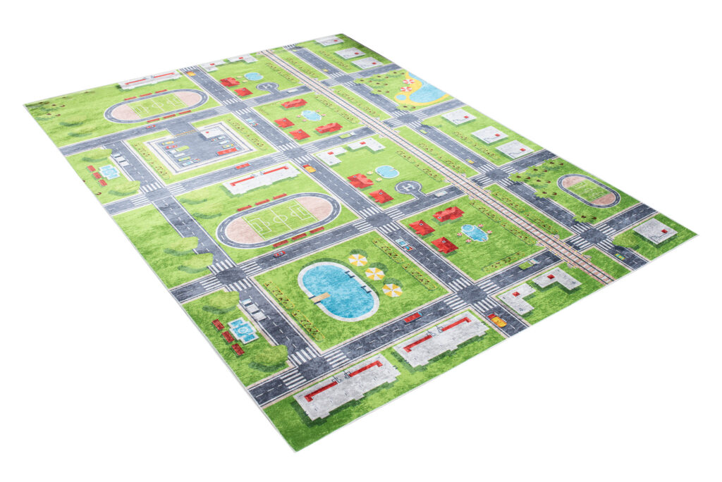 Alfombra Infantil Emma Verde Gris Ciudad Antideslizante