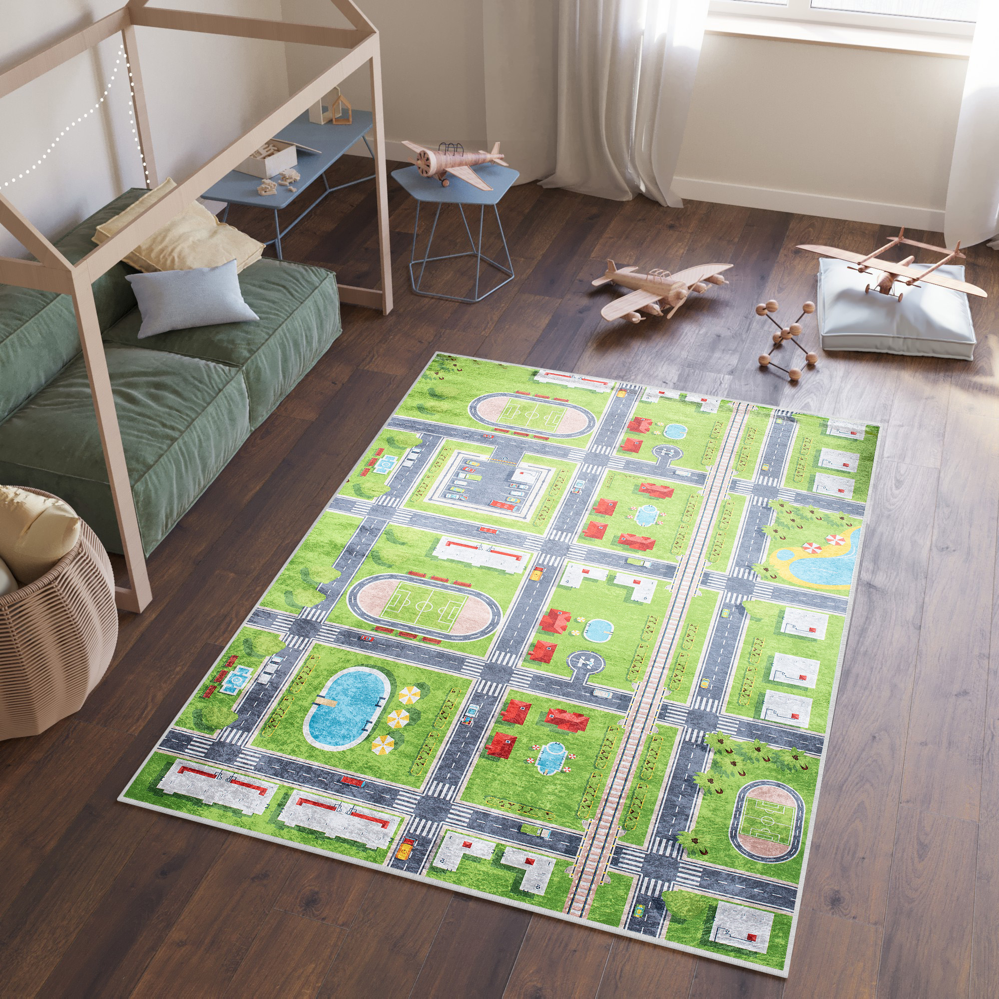Alfombra Infantil Emma Verde Gris Ciudad Antideslizante