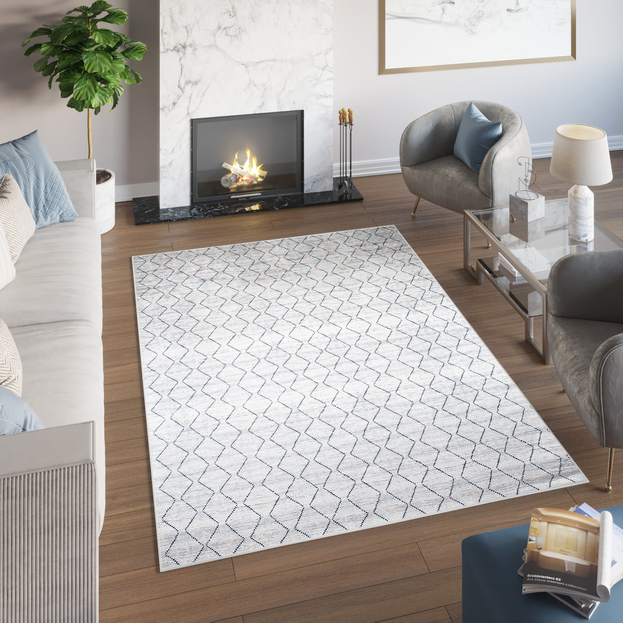Alfombra Toscana Geométrica Gris Zigzag Azul Marino