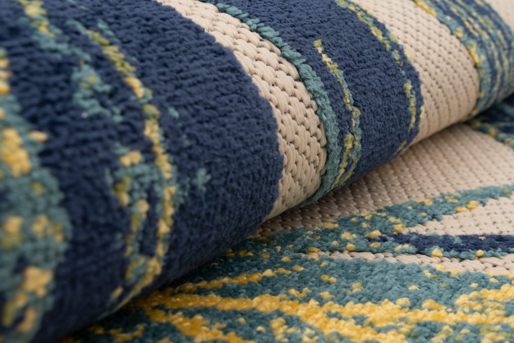 Alfombra Exterior Patio Crema Azul Hojas