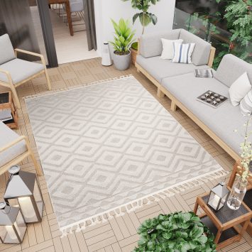 Alfombra Timber Interior Exterior Beige Rombos con Flecos