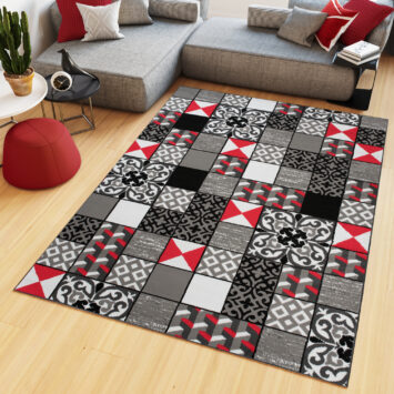 Alfombra Maya Gris Rojo Cuadrados Mosaico