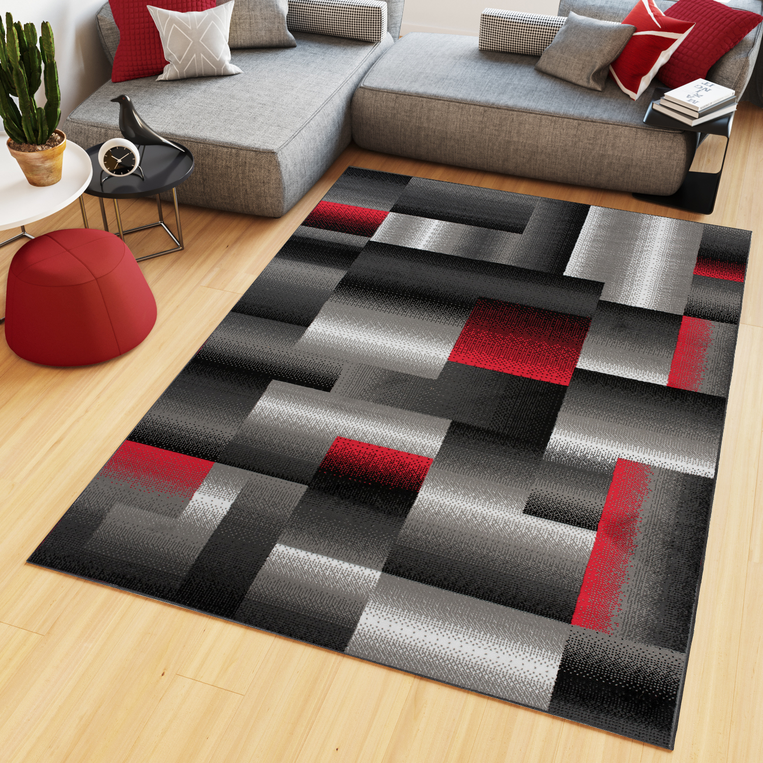 Alfombra Maya Gris Rojo Rectángulos