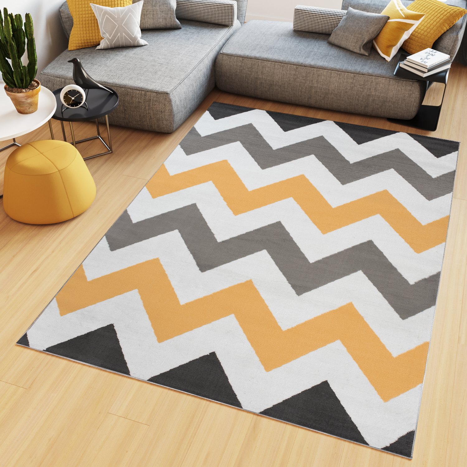 Alfombra Maya Gris Amarillo Geométrico Zigzag
