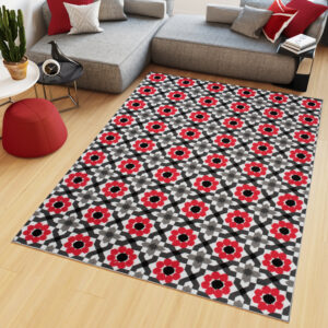 Alfombra Maya Gris Rojo Floral Mosaico