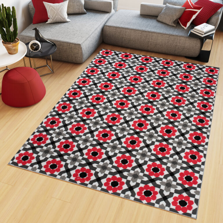 Alfombra Maya Gris Rojo Floral Mosaico