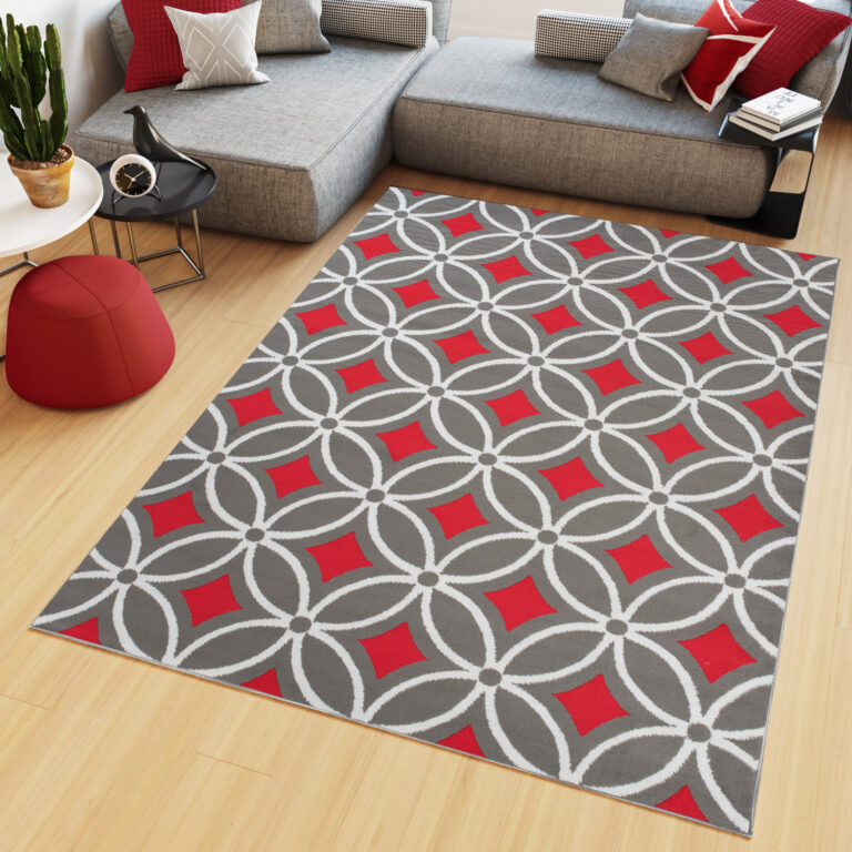 Alfombra Maya Gris Rojo Geométrico Mosaico