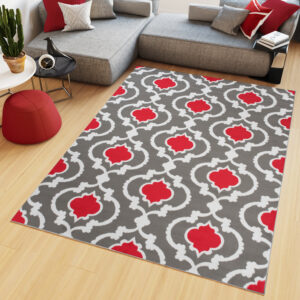 Alfombra Maya Gris Rojo Geométrico Trellis
