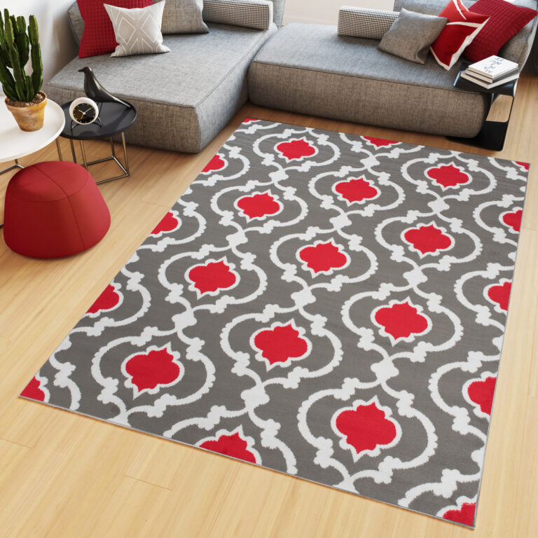 Alfombra Maya Gris Rojo Geométrico Trellis