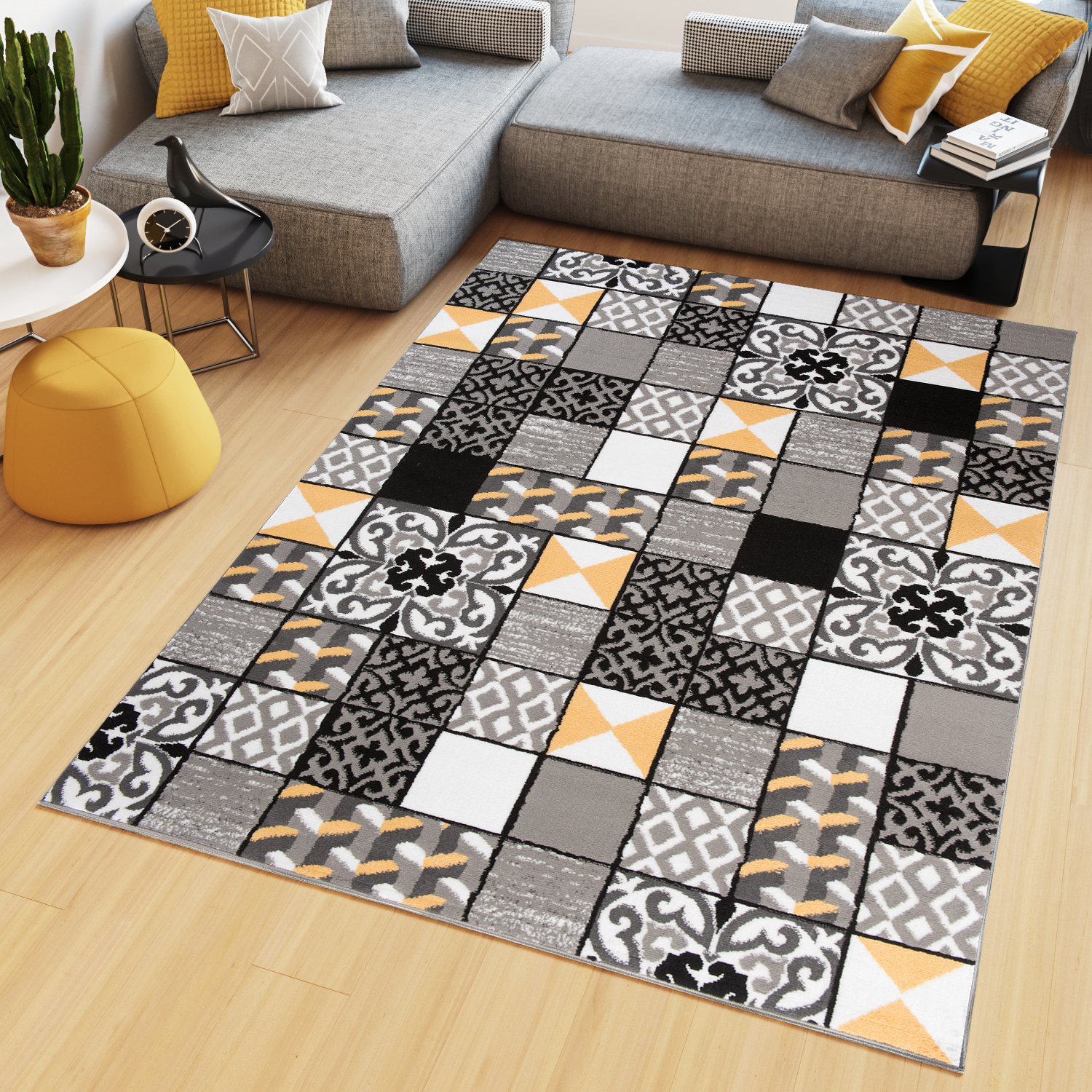 Alfombra Maya Gris Amarillo Cuadrados Mosaico