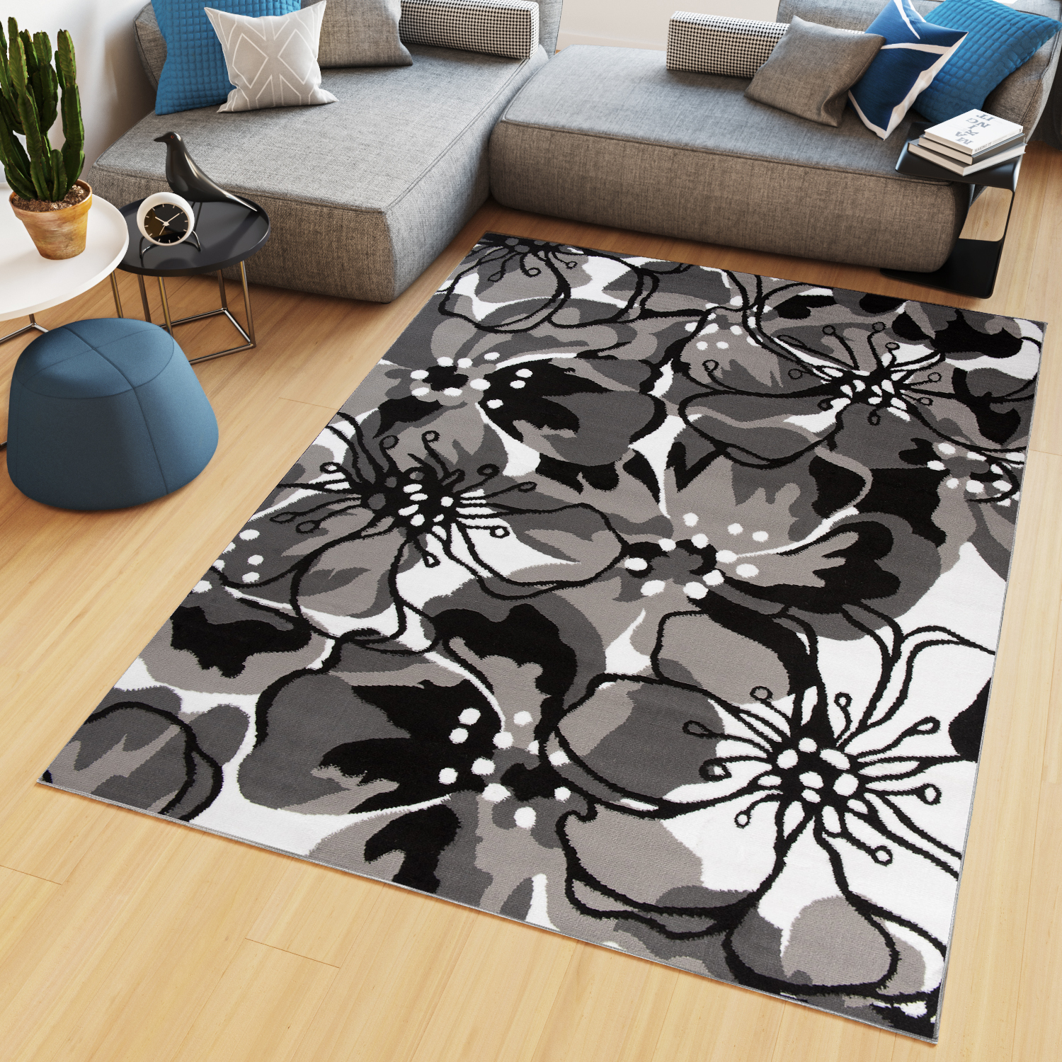 Alfombra Maya Gris Negro Flores