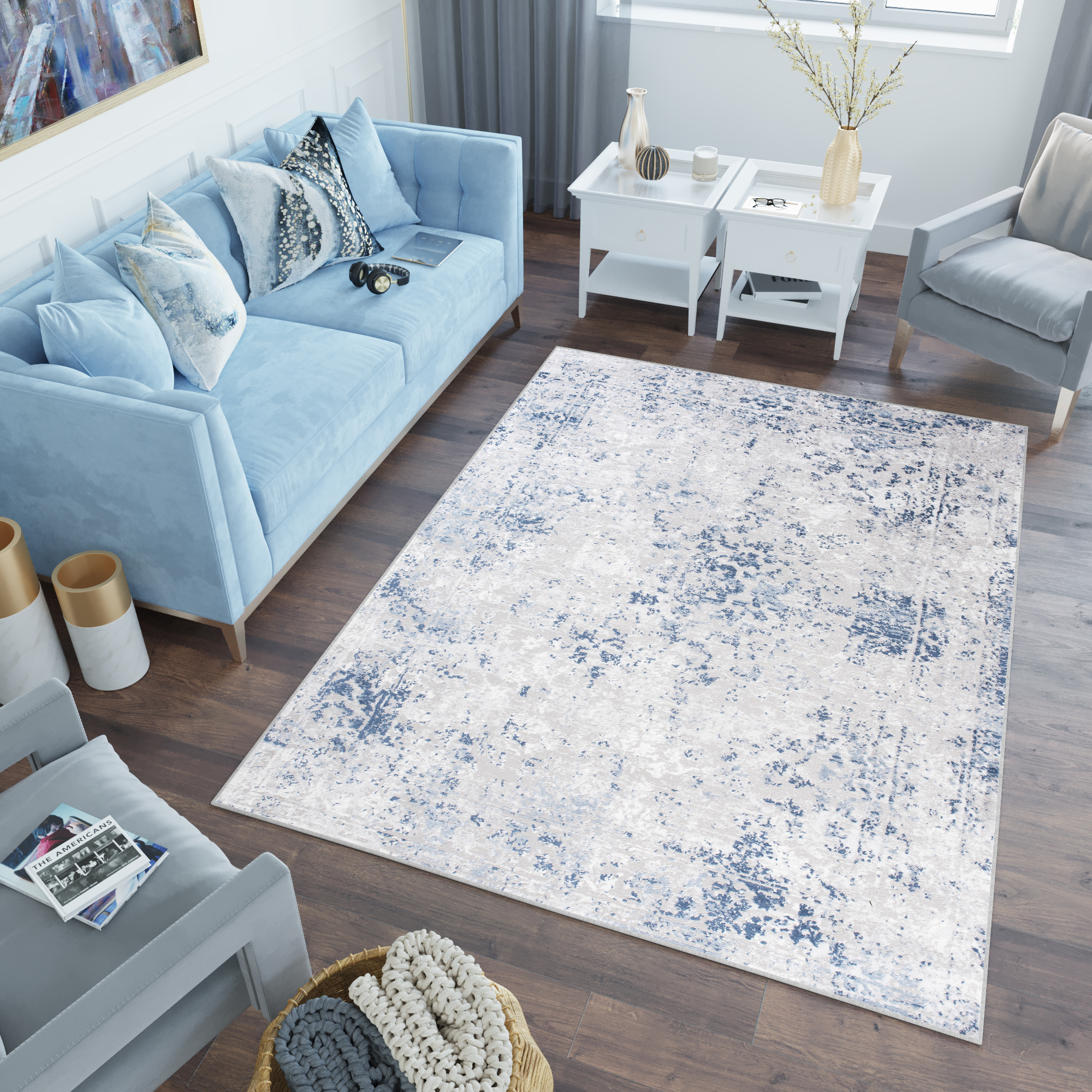 Alfombra Sky Azul Gris Borde Ornamental