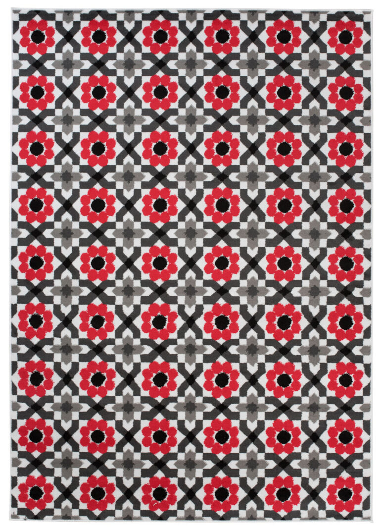 Alfombra Maya Gris Rojo Floral Mosaico