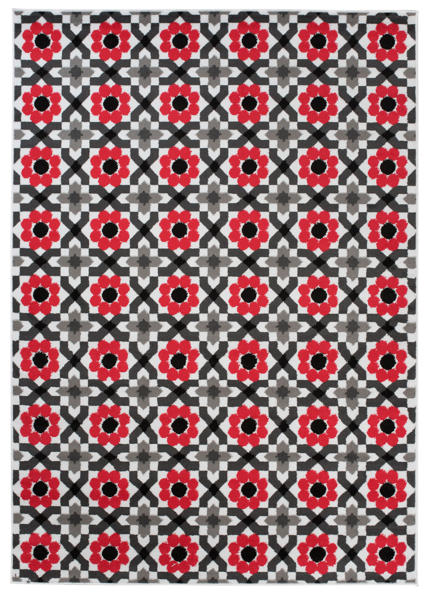 Alfombra Maya Gris Rojo Floral Mosaico