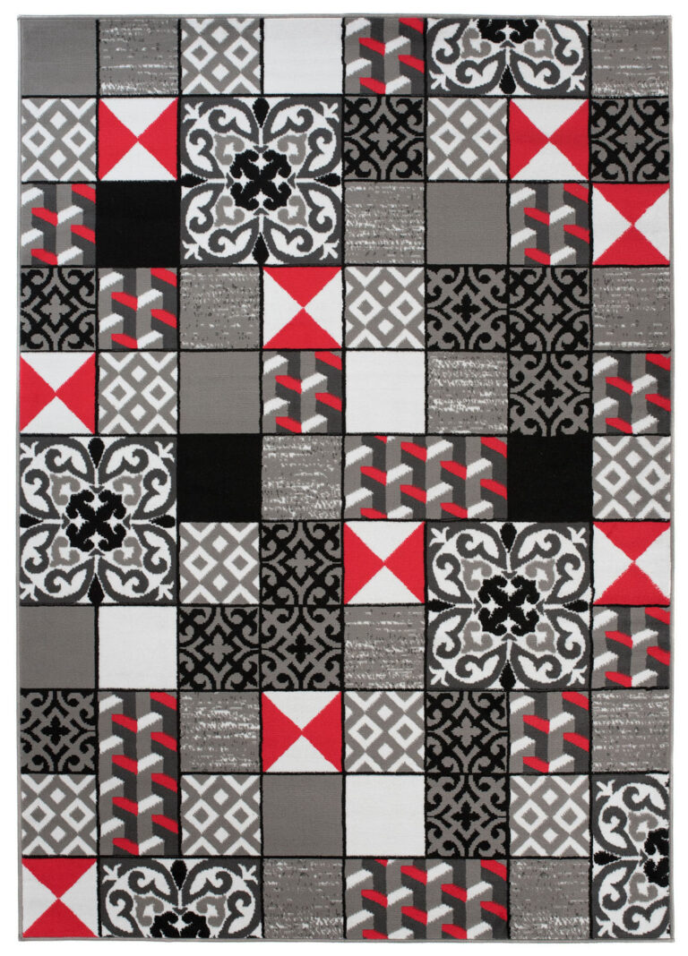 Alfombra Maya Gris Rojo Cuadrados Mosaico