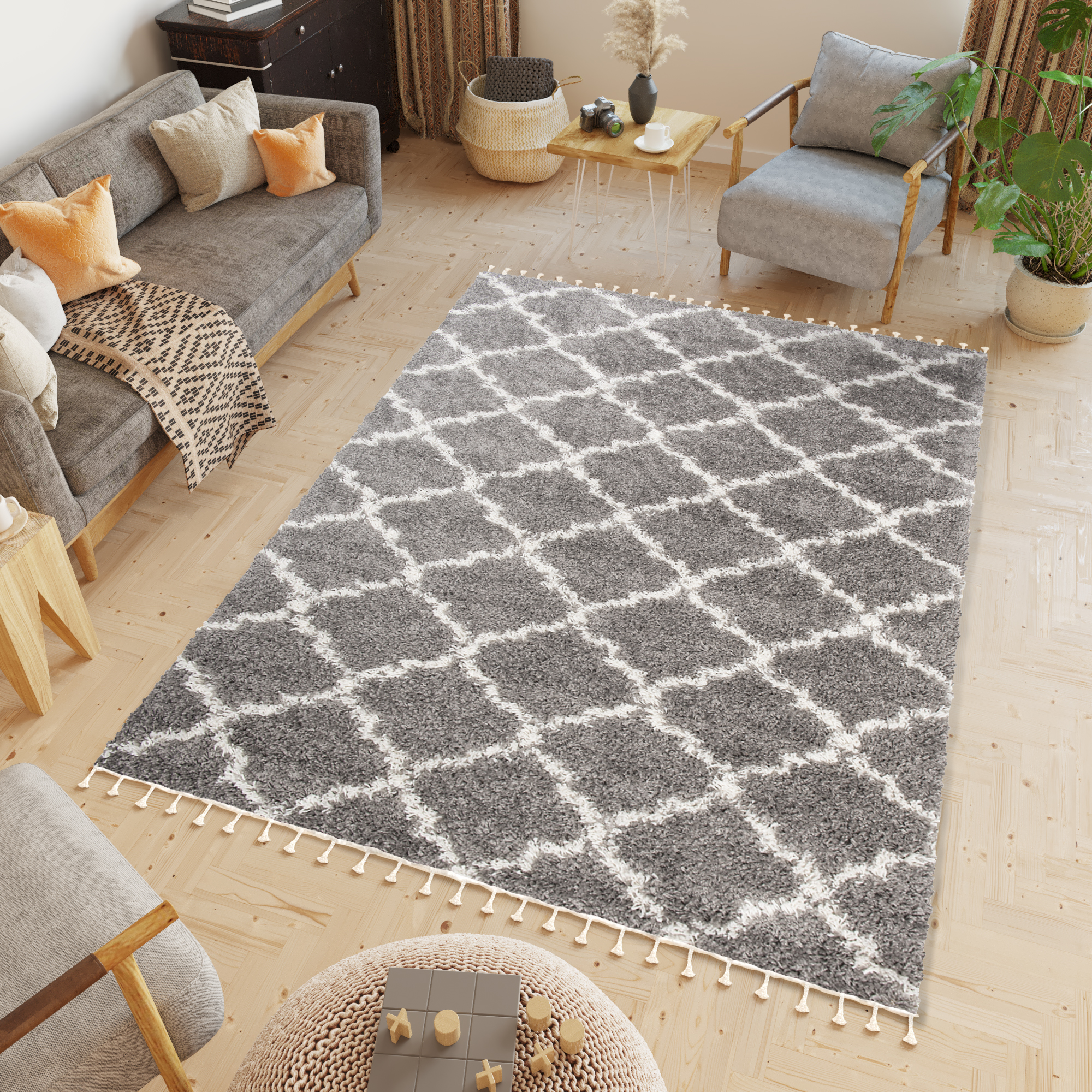 Alfombra Boho con Borlas Gris Trellis Shaggy