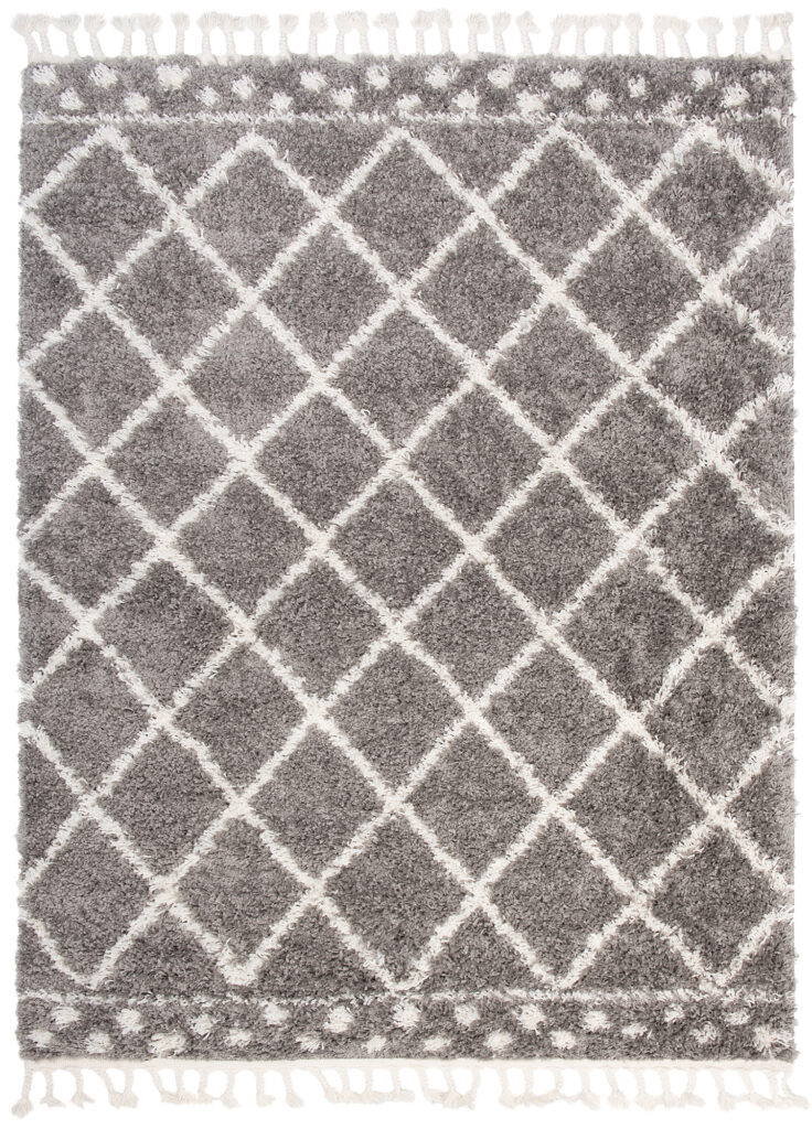 Alfombra Boho con Borlas Gris Enrejado Puntos Shaggy