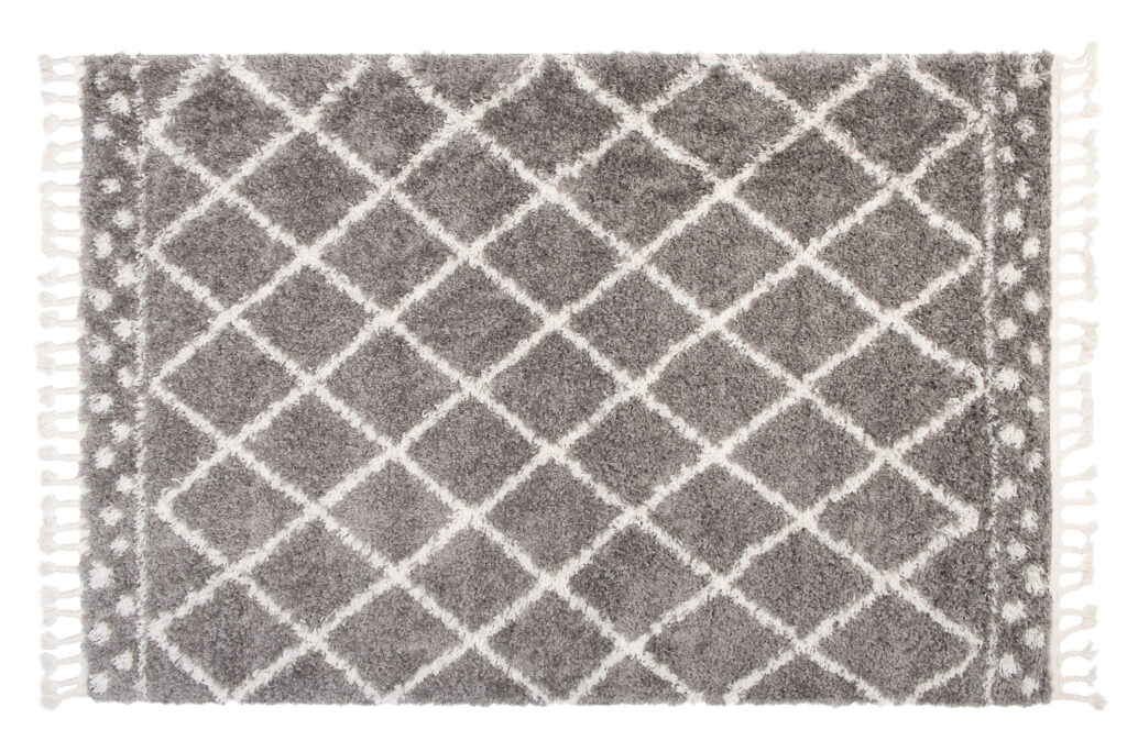 Alfombra Boho con Borlas Gris Enrejado Puntos Shaggy