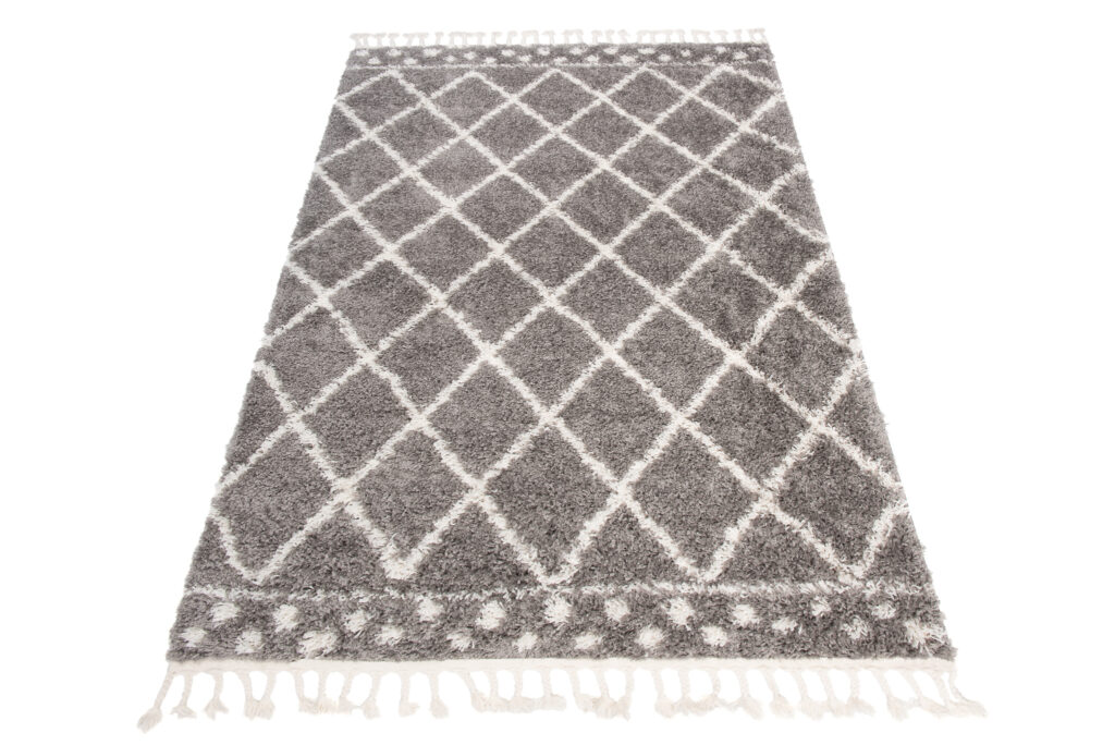 Alfombra Boho con Borlas Gris Enrejado Puntos Shaggy